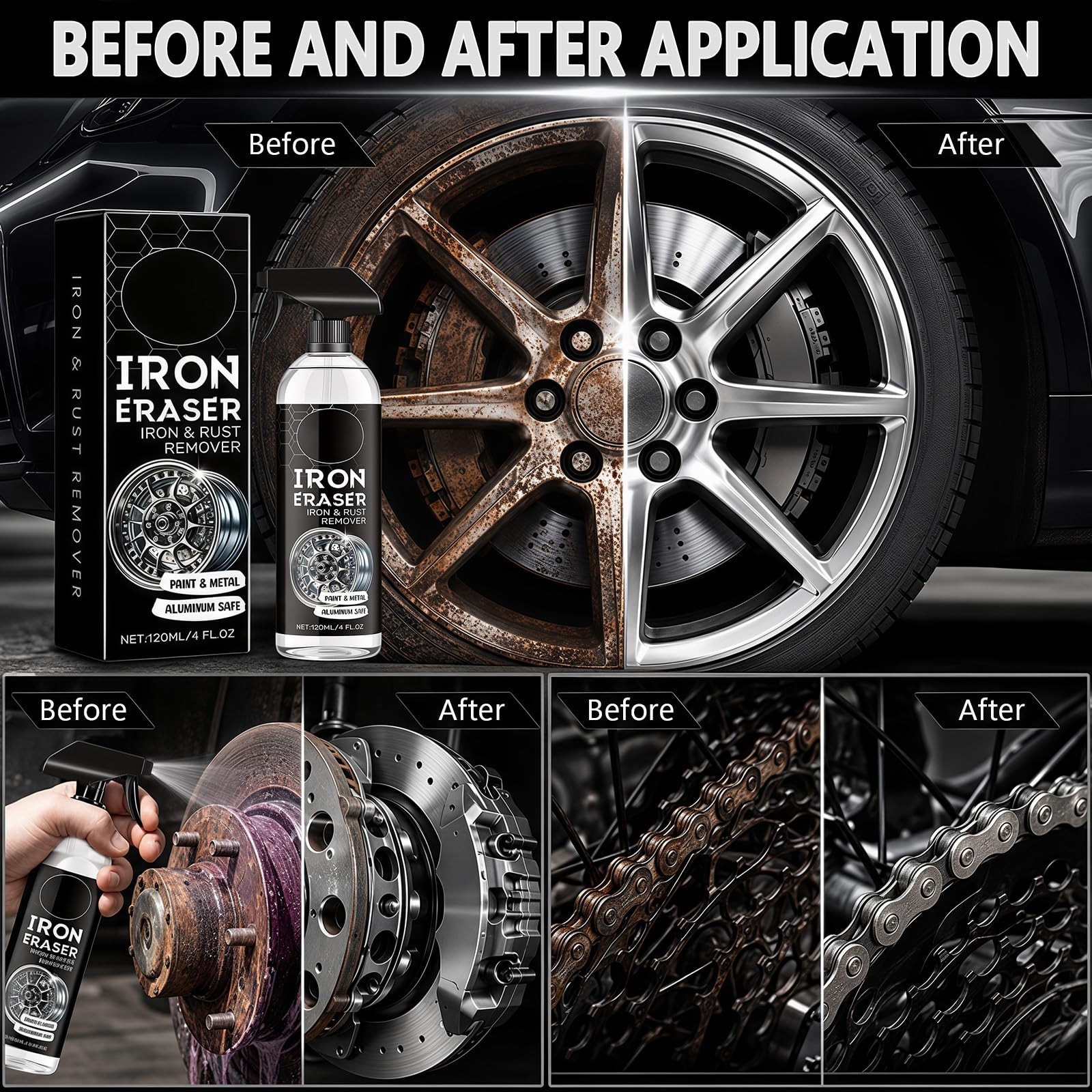 2PCS Fast Acting Iron Eraser Rust Remover Spray for Car Wheels & Paint, Brake Du