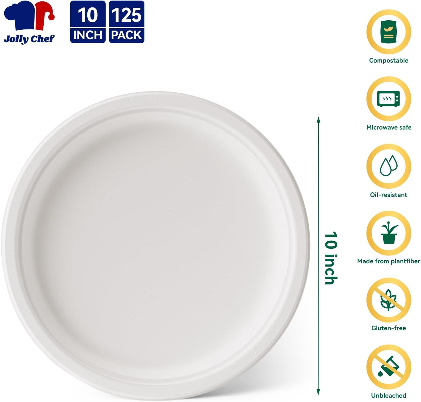 125 Pack 10 Inch Compostable Heavy Duty Paper Plates Disposable White Dinner