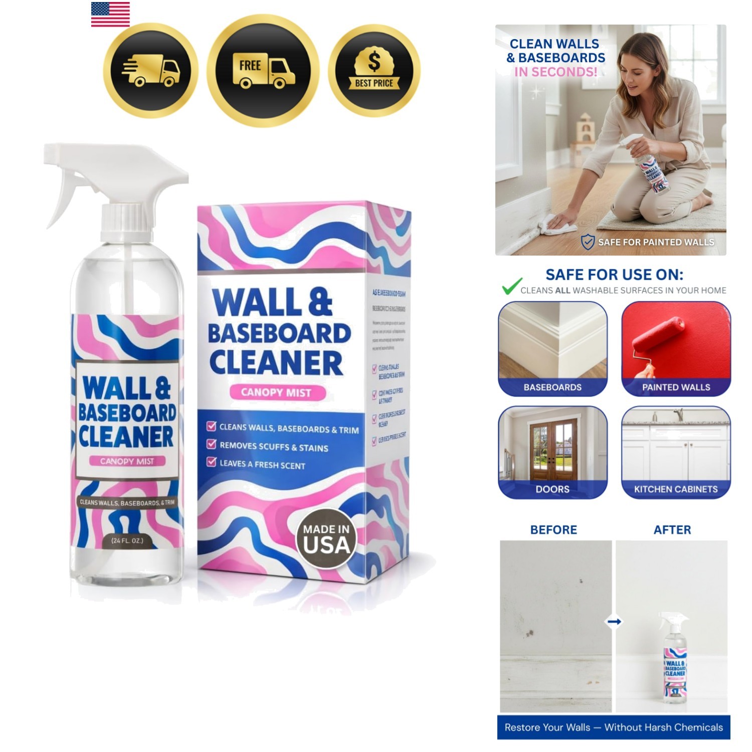 812 Wall & Baseboard Cleaner Spray – Safely Cleans Painted Walls, Baseboards,…