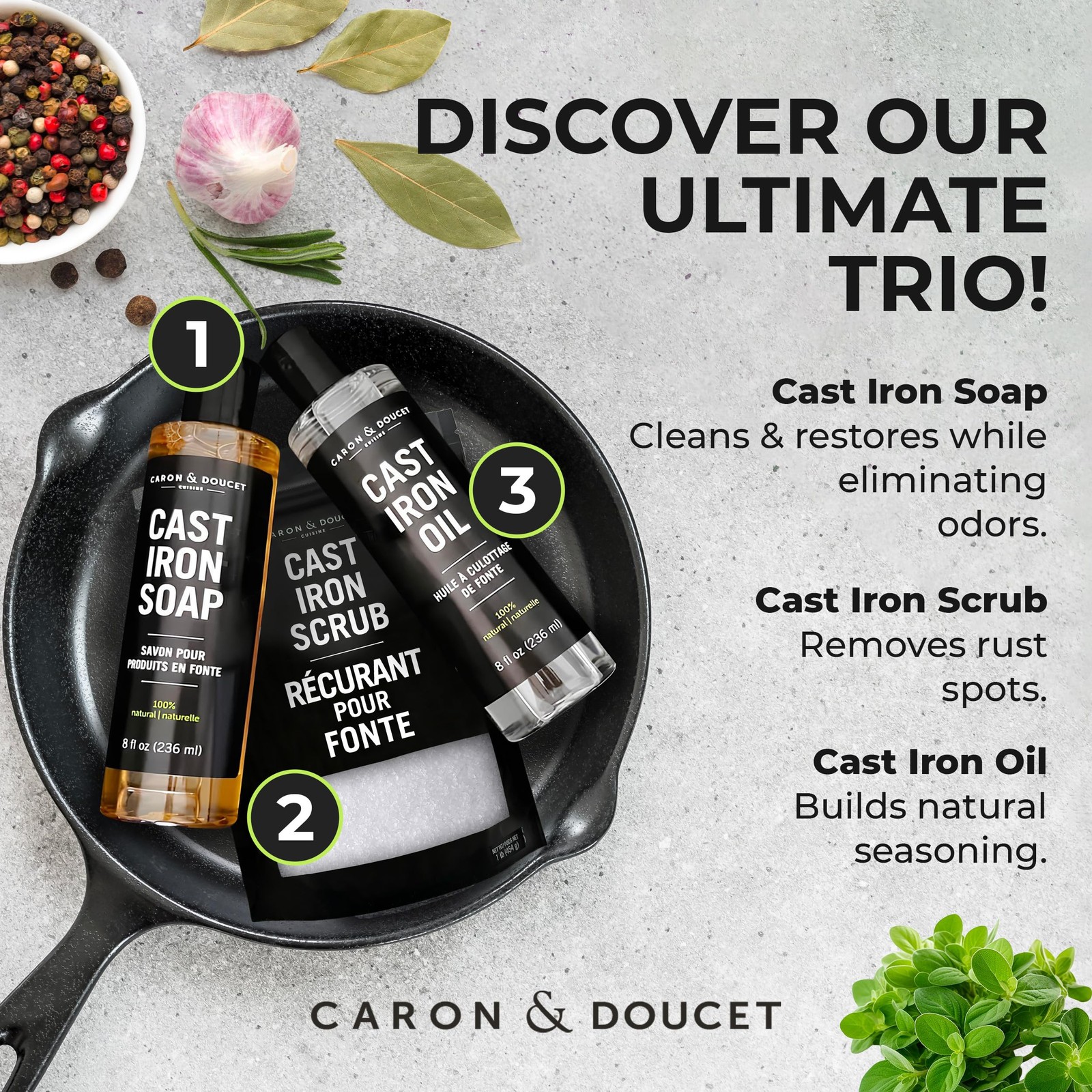 – New Ultimate Cast Iron Set: Seasoning Oil, Cleaning Soap & Restoring Scrub …