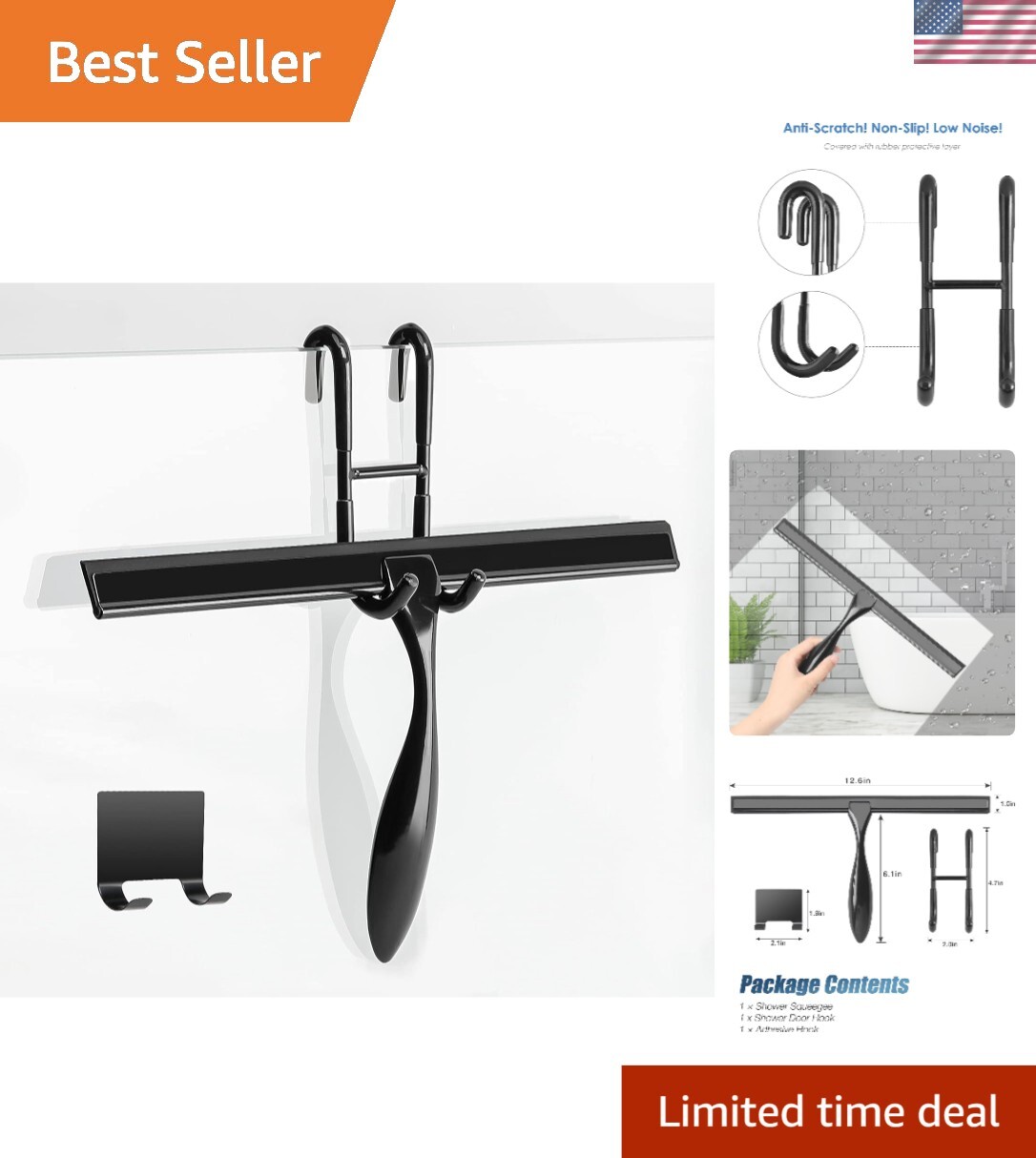 12-Inch Black Shower Squeegee Set with Hook – Streak-Free Cleaning Solution