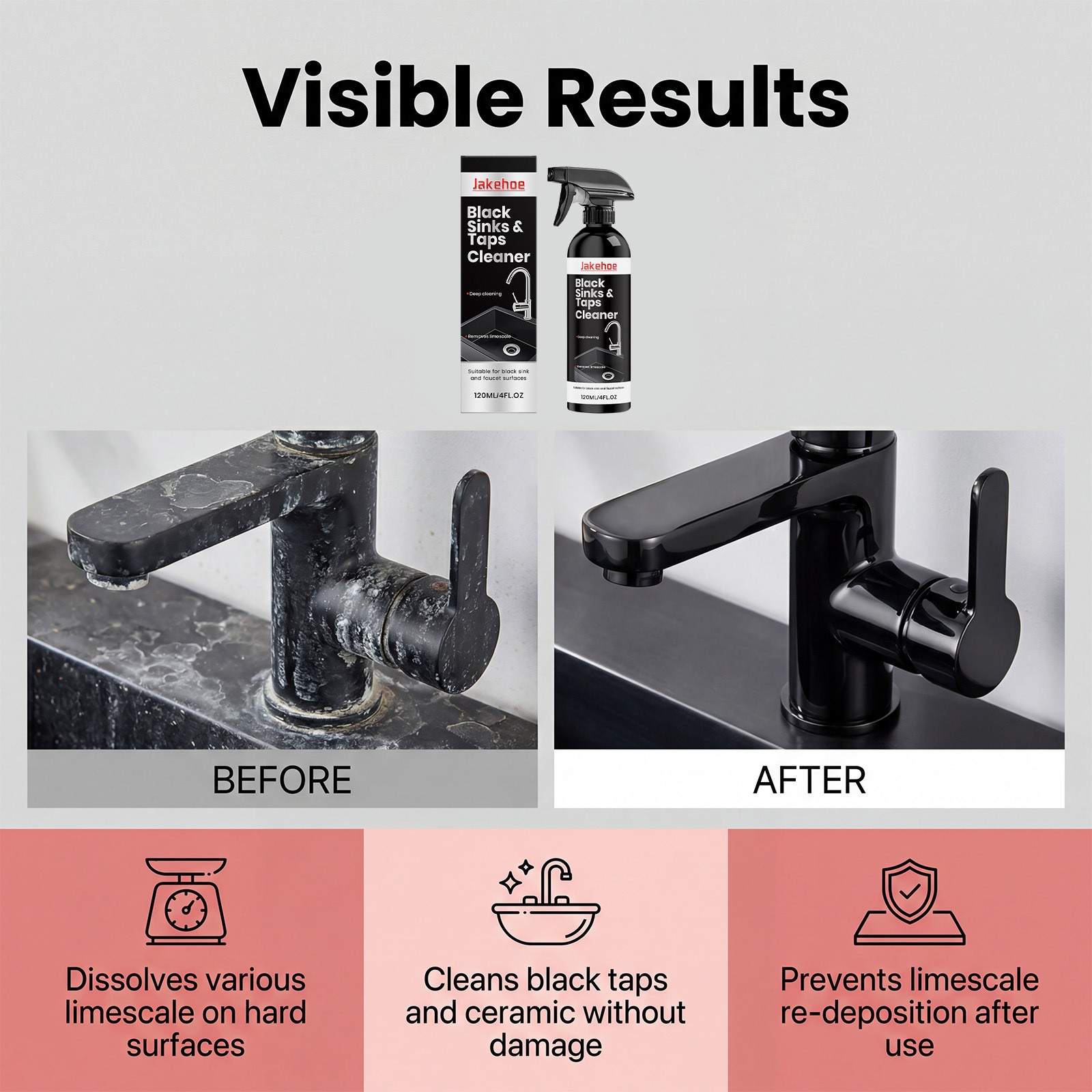 Black Sink and Tap Cleaner Spray,Water Stain Limescale Remover for Black Faucets