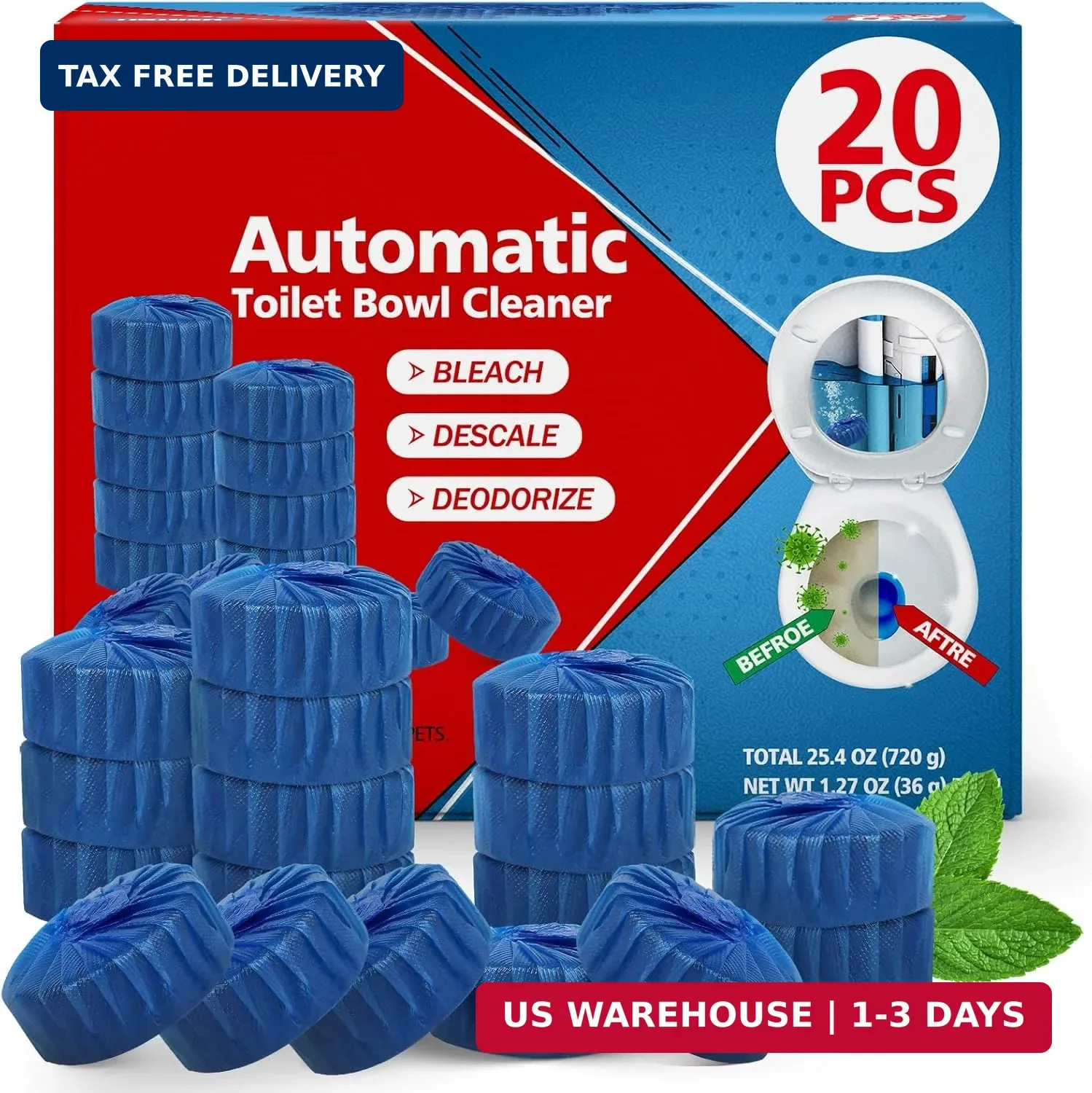 USKICH 20 Pack Toilet Bowl Cleaner Tablets,Blue Automatic Toilet Tank Cleaners,