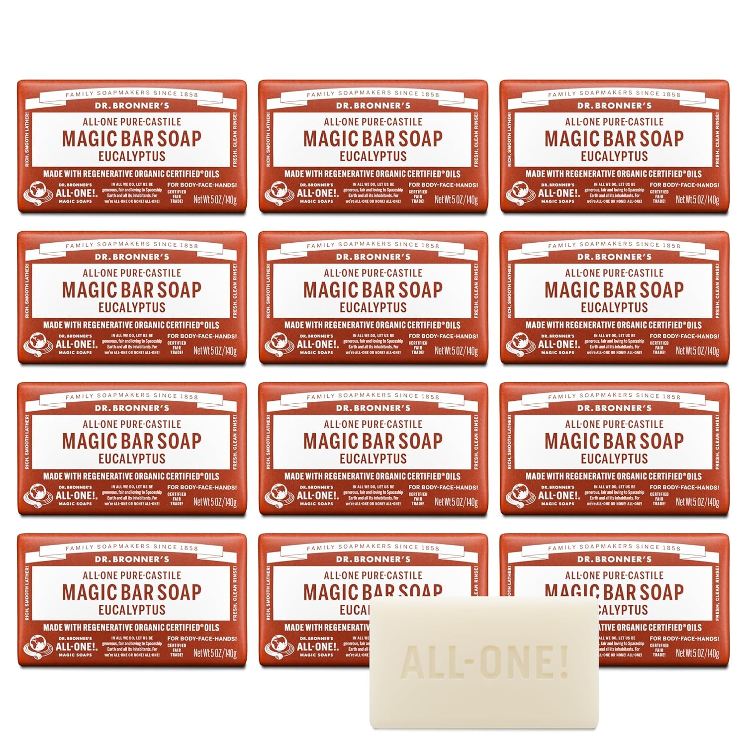 Dr. Bronner’s Pure-Castile Magic Bar Soaps (Eucalyptus, 5oz, 12-Pack) ?C Made w