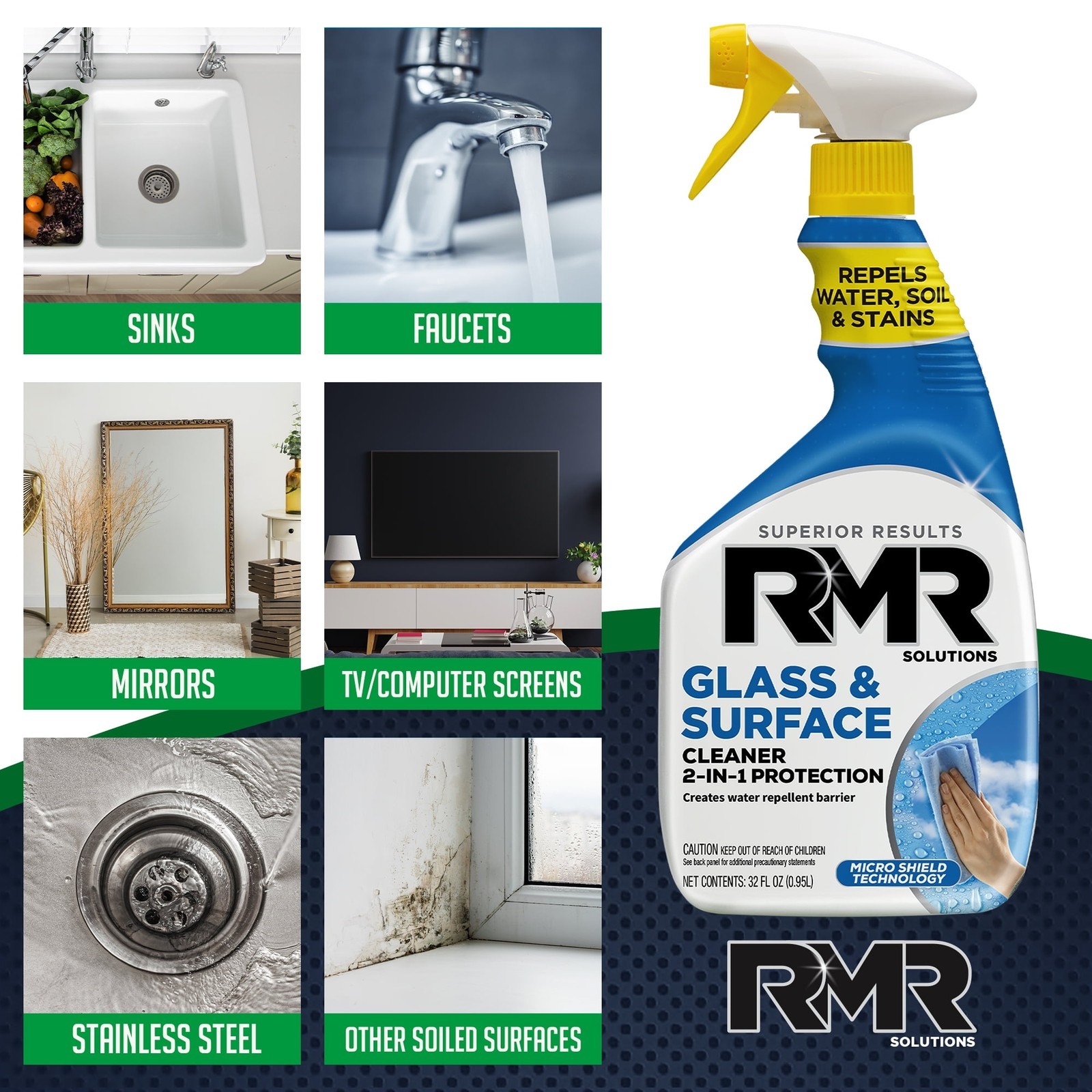 RMR Glass Surface Cleaner Repellent 2 in 1 Formula 32 Ounce Spray Cleaner