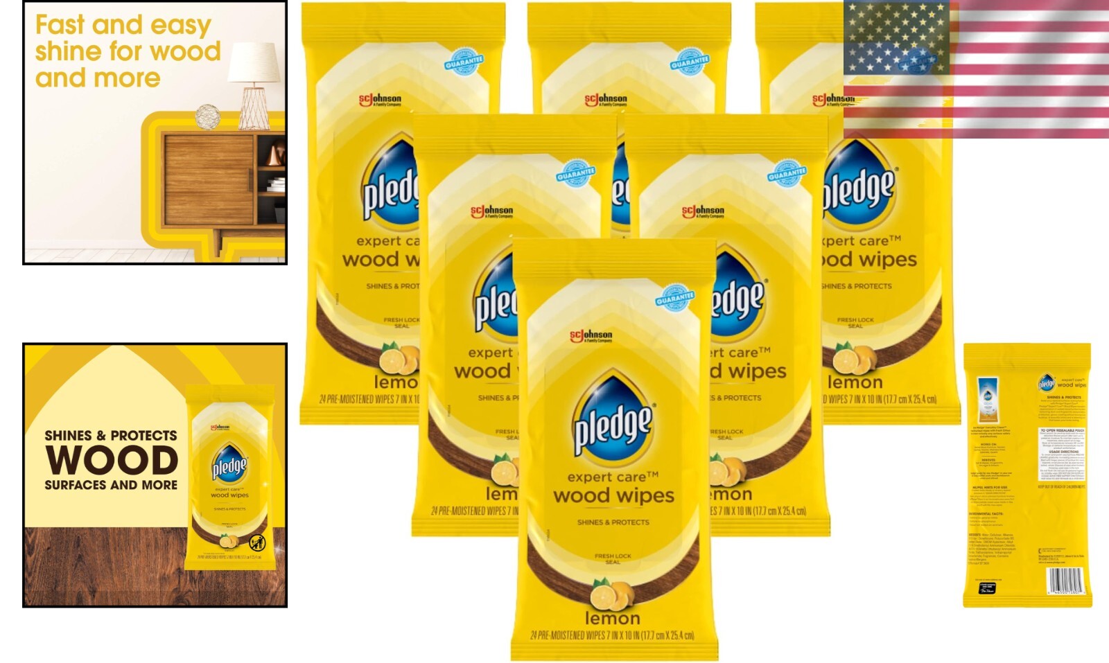 Expert Care Wood and Multi-Surface Wipes, 24 Count Pack of 6, Streak-Free Shine