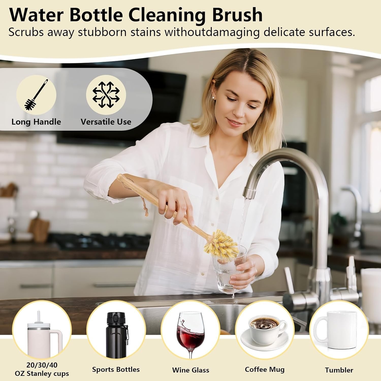 5 Pack Bamboo Dish Brush Set, Wooden Dish Brush with 14’’ Bottle Brush, Natural