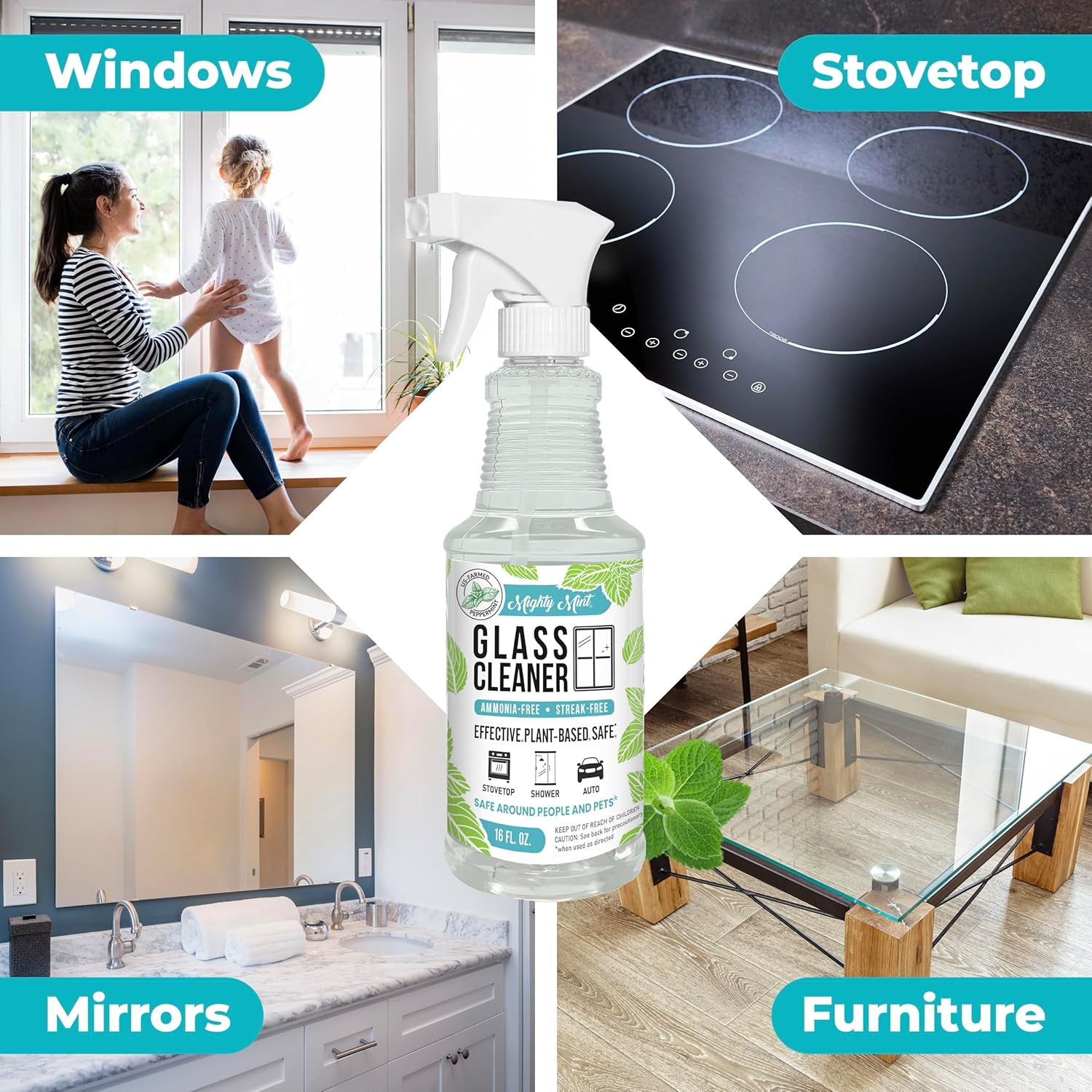 Glass Cleaner, Ammonia-Free, Streak-Free Spray for Windows, Screens, Stovetop, B