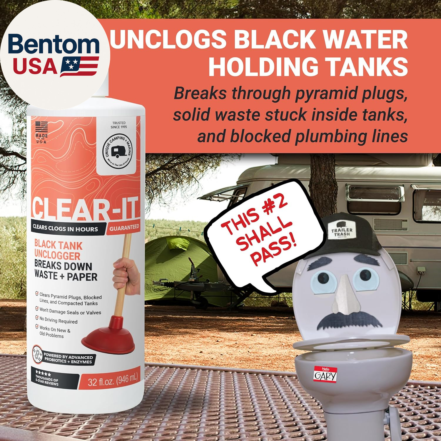Clear-It RV Black Tank Unclogger Liquid – Breaks through Pyramid Plugs, Compacte