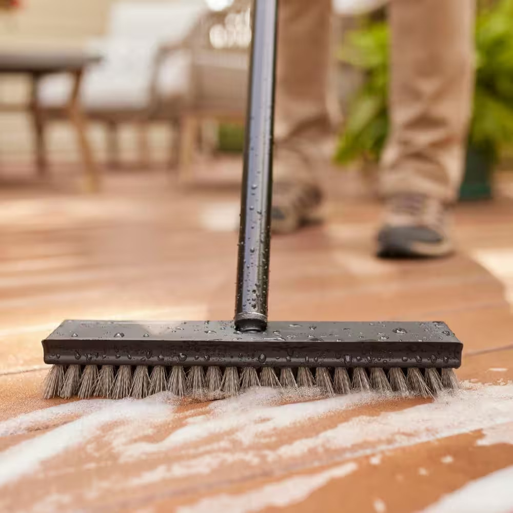 12 In. Plastic Deck Scrub Brush with 50 In. Handle (1-Pack)