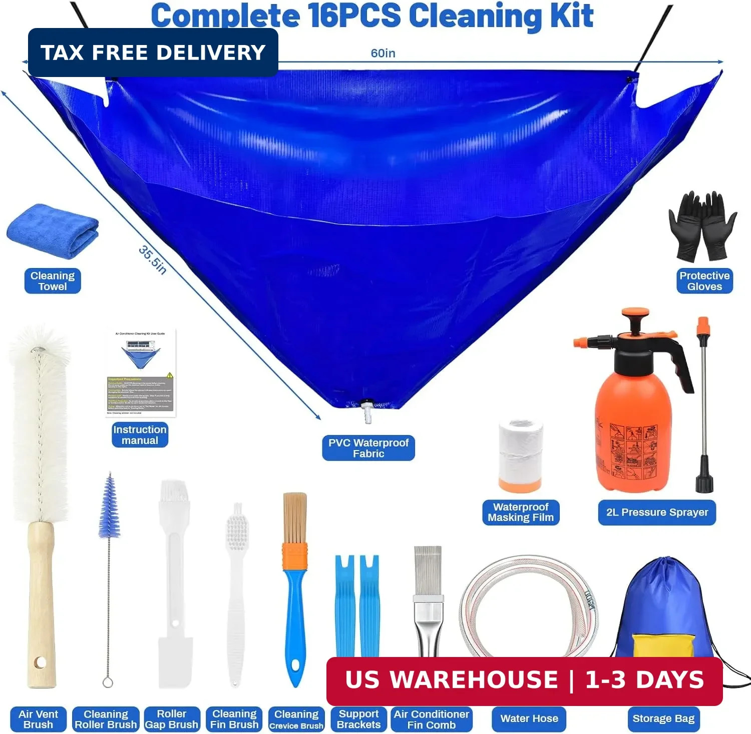 16PCS Mini Split Cleaning Kit – with 2L Pressure Sprayer, Water-Resistant PVC Ba