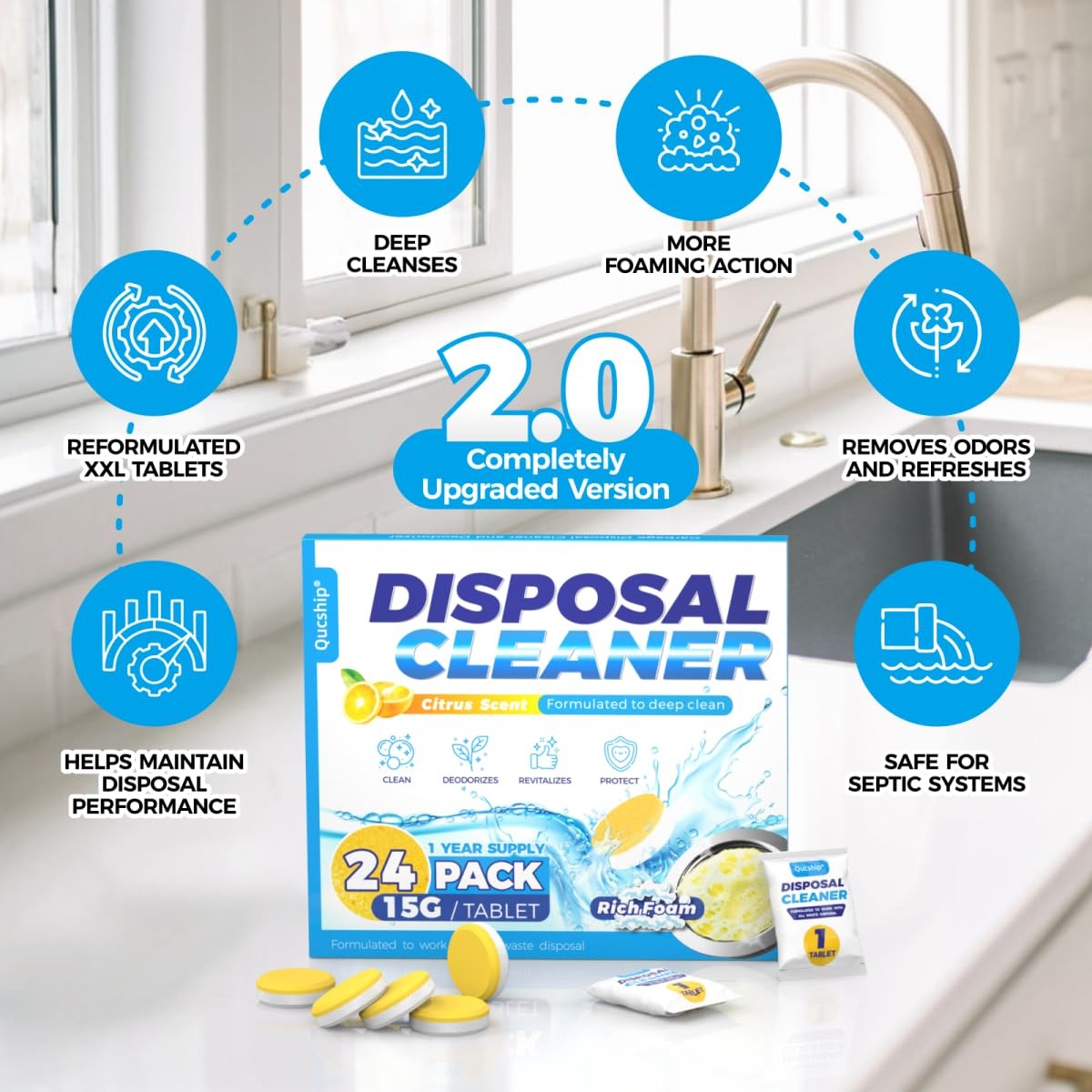XXL Foaming Garbage Disposal Cleaner Tablets – Citrus Scent 24 Pack
