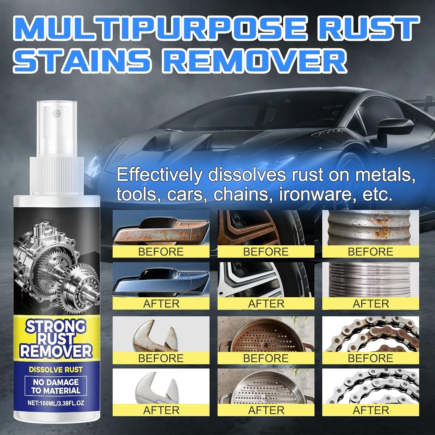 Rust Remover Spray for Metal, Heavy Duty Metal Cleaner, Multipurpose Rust Stain