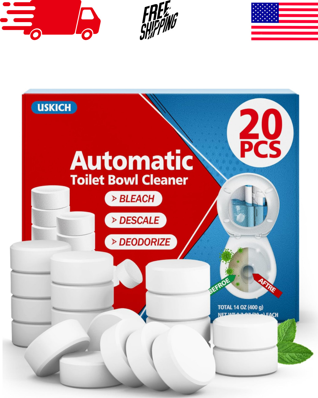 20 Pack Toilet Bowl Cleaner Tablets with Bleach Slow Releasing for Stain Removal