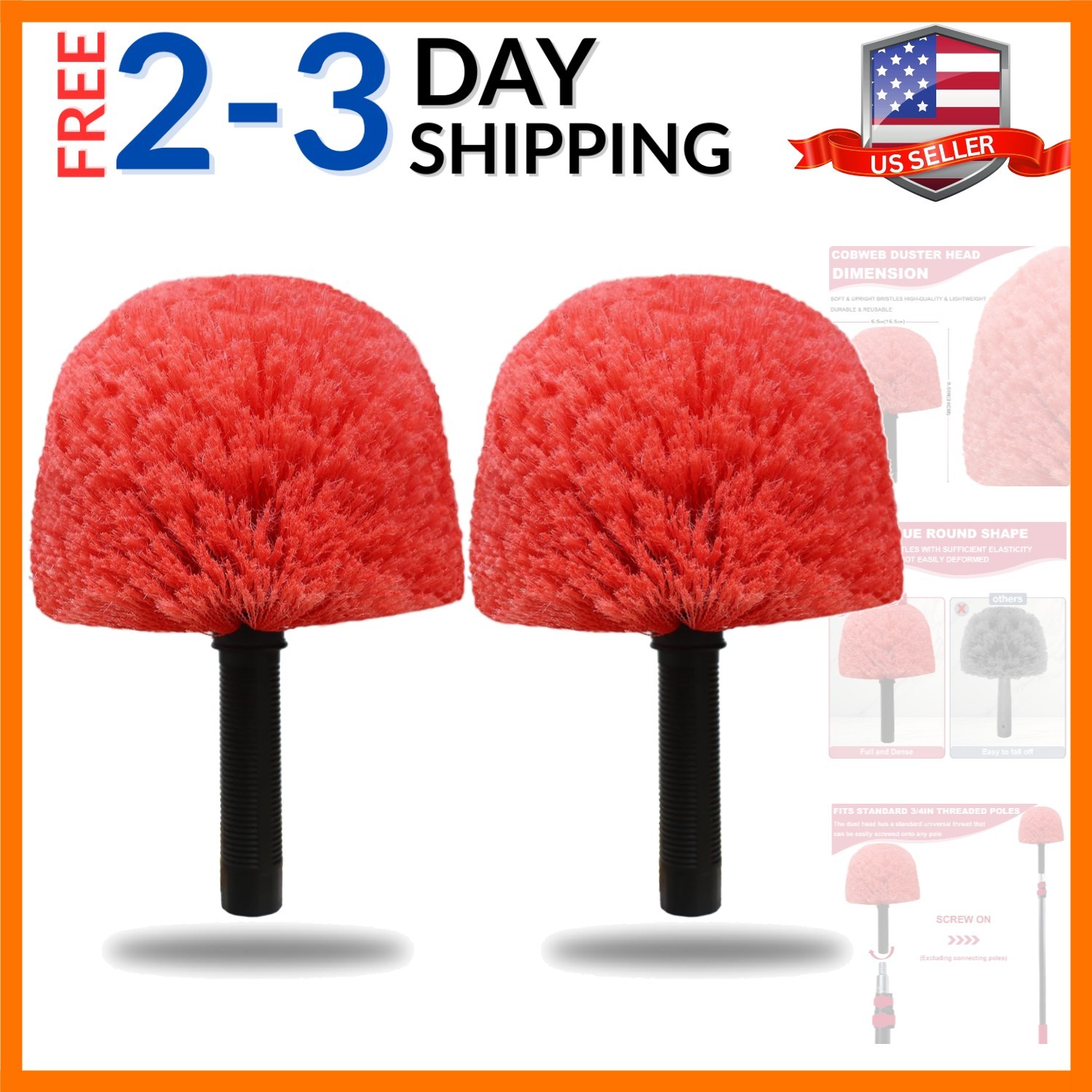 2 Pack Twist-On Cobweb Duster Head Brush – Indoor & Outdoor Spider Web Cleani…