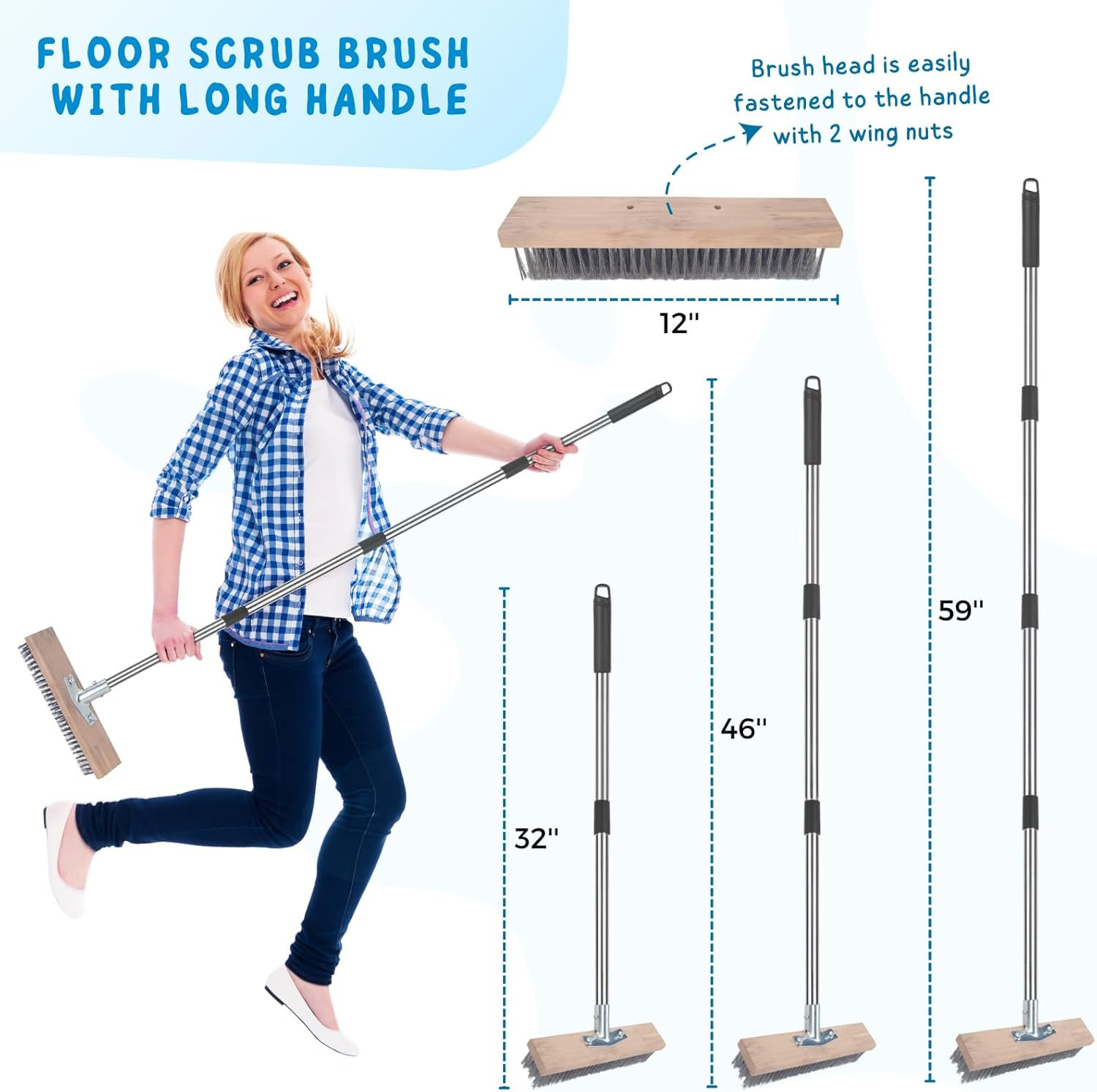 Stainless Steel Wire Scrub Brush with Long Handle for Deck, Concrete, Patio Floo
