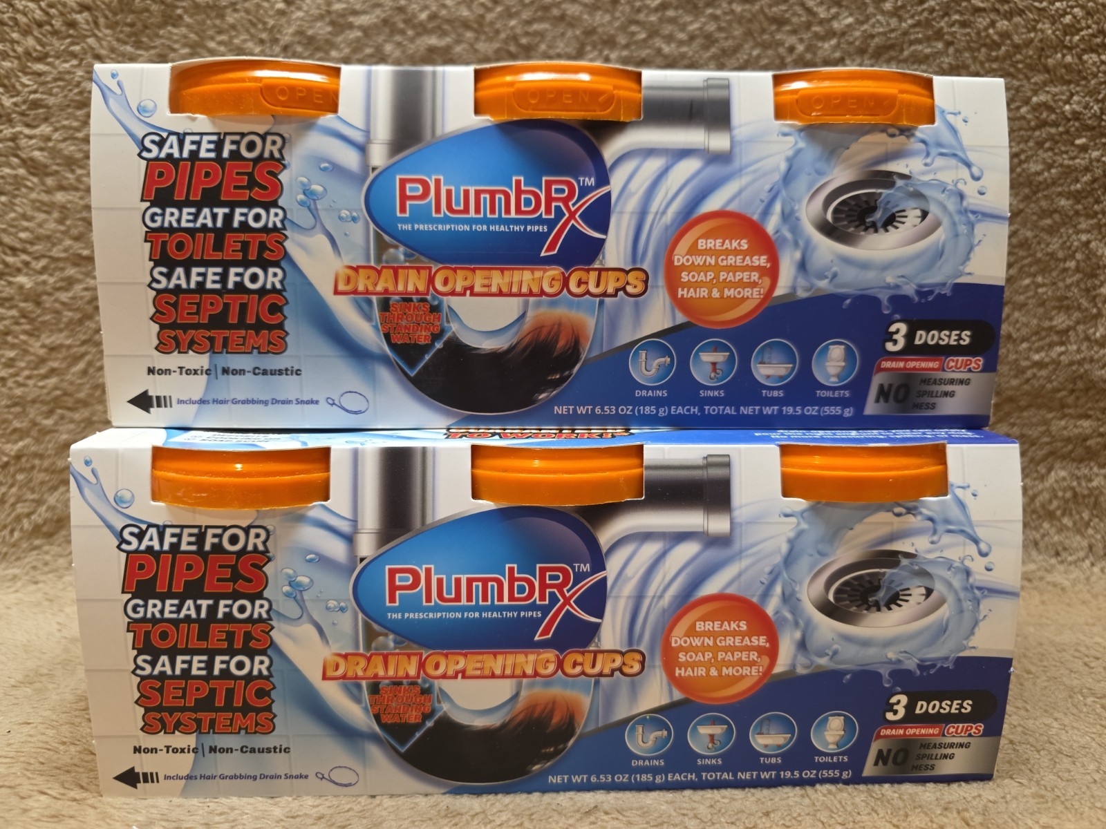 Lot of 2 Packages: PlumbRx Drain Opener Powder Cups + Hair Snake, 6 Total Cups