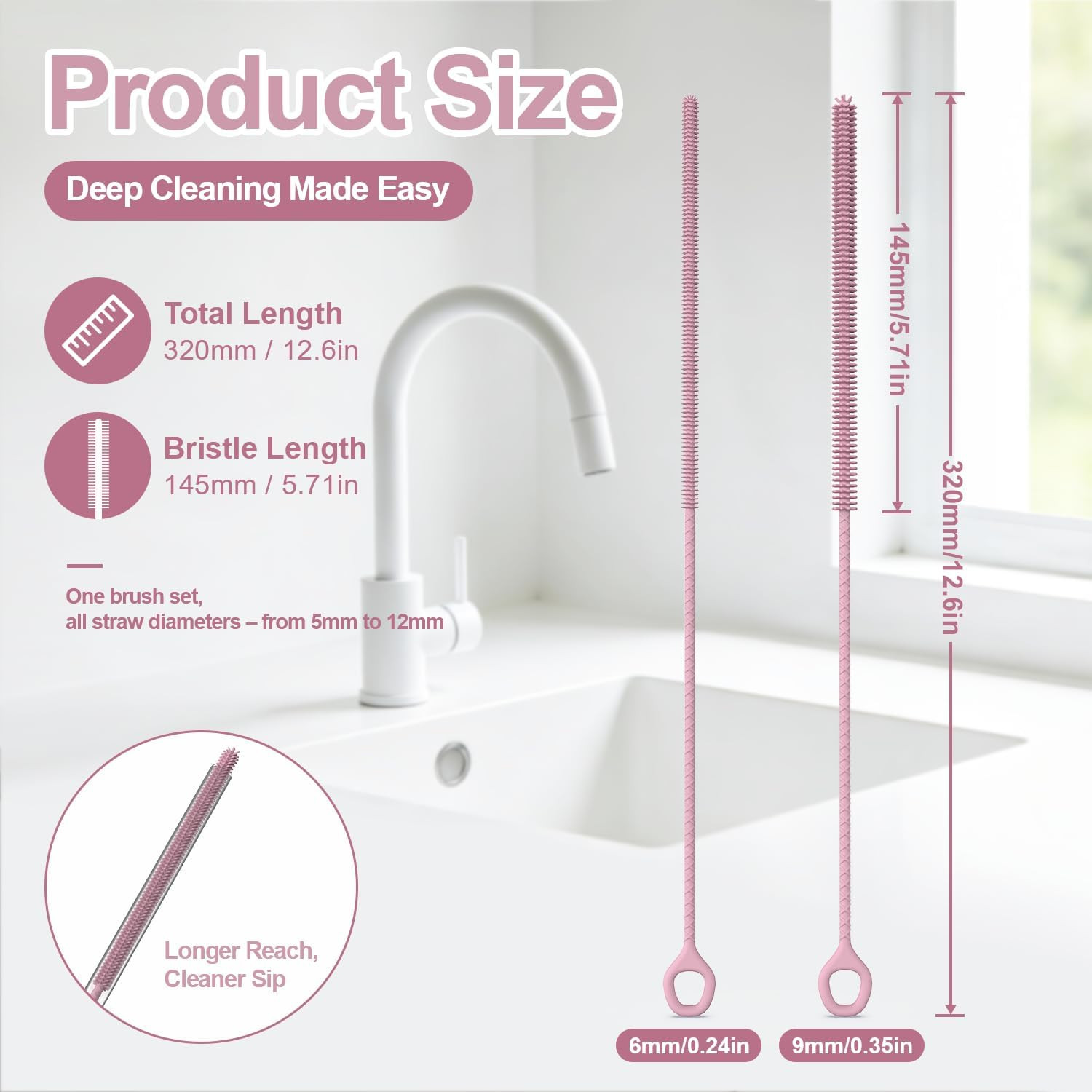 YOTIME Straw Cleaner Brush Extra Long 12.6 Inch, 2Pcs Reusable Silicone Straw Br