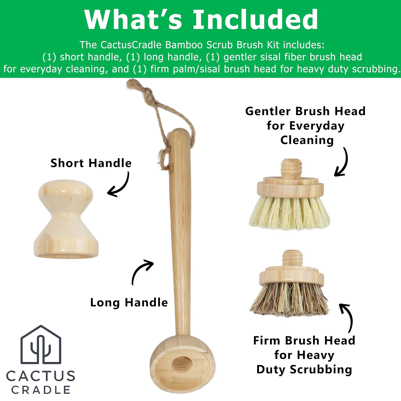 Cactus Cradle Bamboo Scrub Brush Kit – 4-Piece Dish Brush Set with 2 Handles …