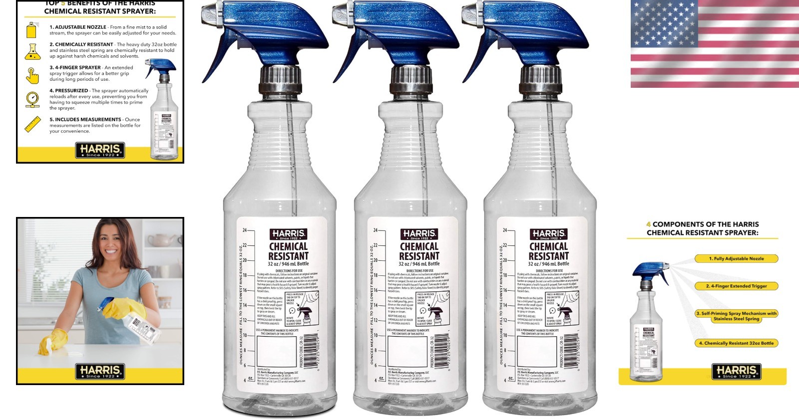 32oz Chemically Resistant Empty Spray Bottles – 3 Count with Trigger