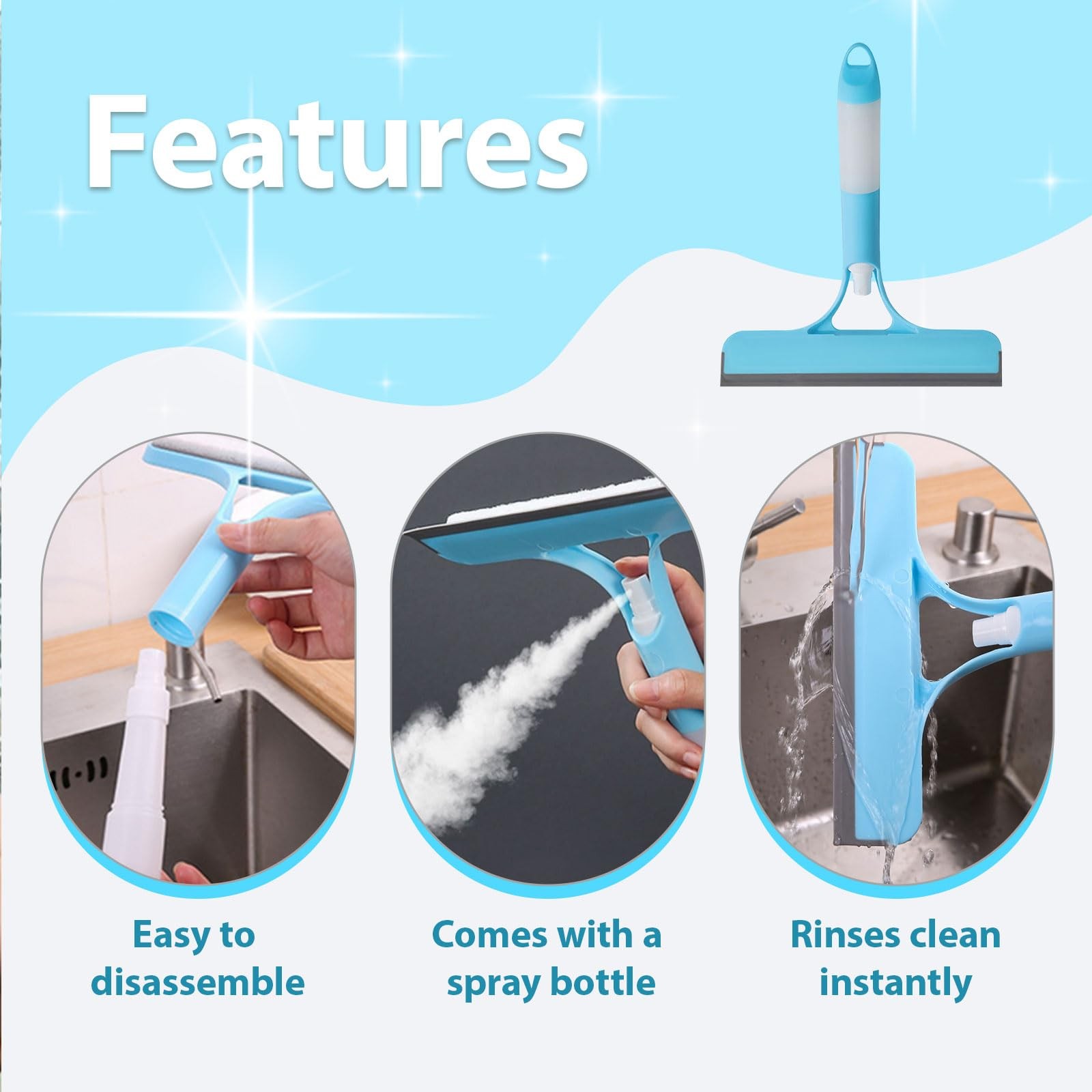 3 in 1 Window Cleaning Scraper Shower Squeegee for Glass Doors Mirror with Sp…