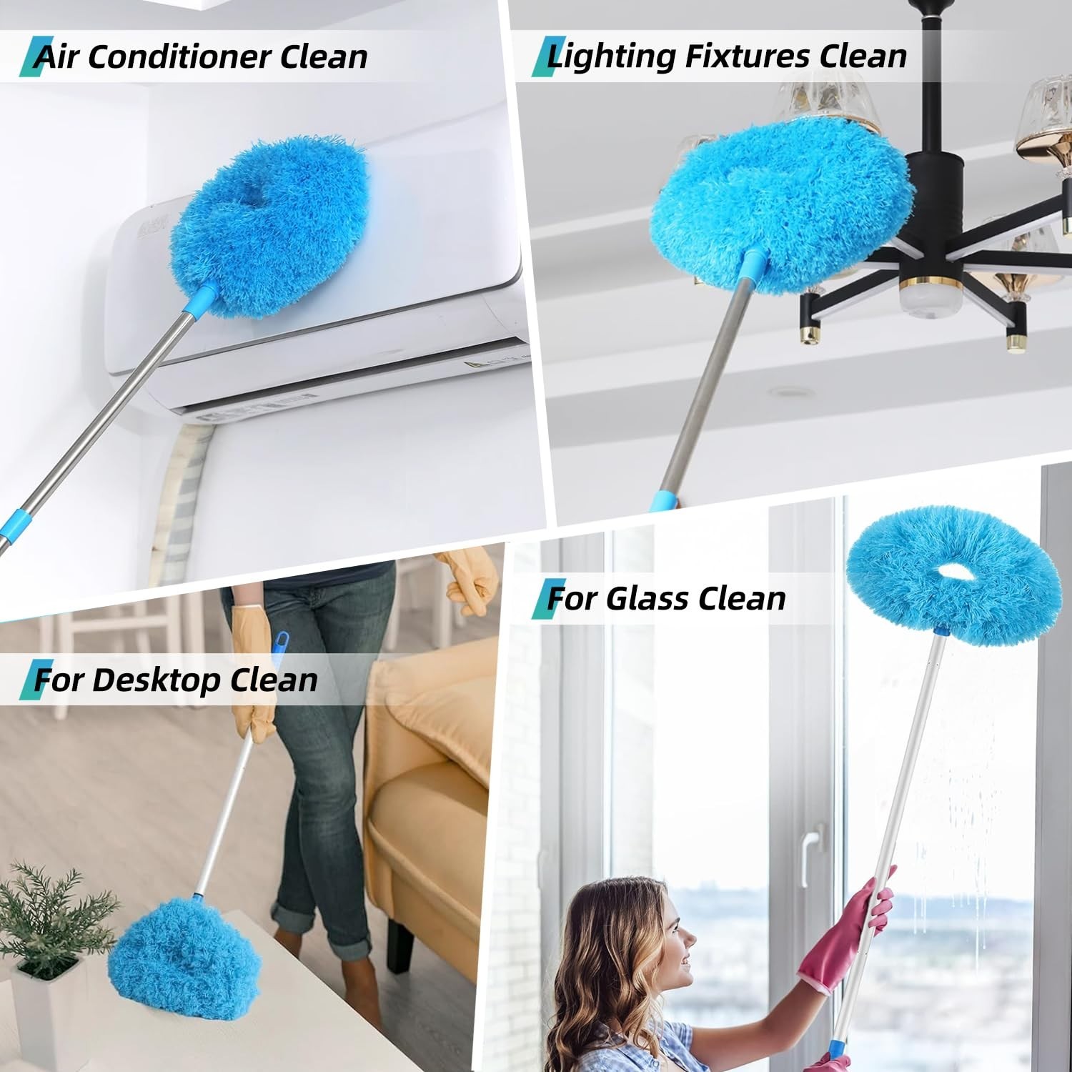 Microfiber Ceiling Fan Duster, Adjustable 13-48 Inch Pole, Removable Pads, Blue