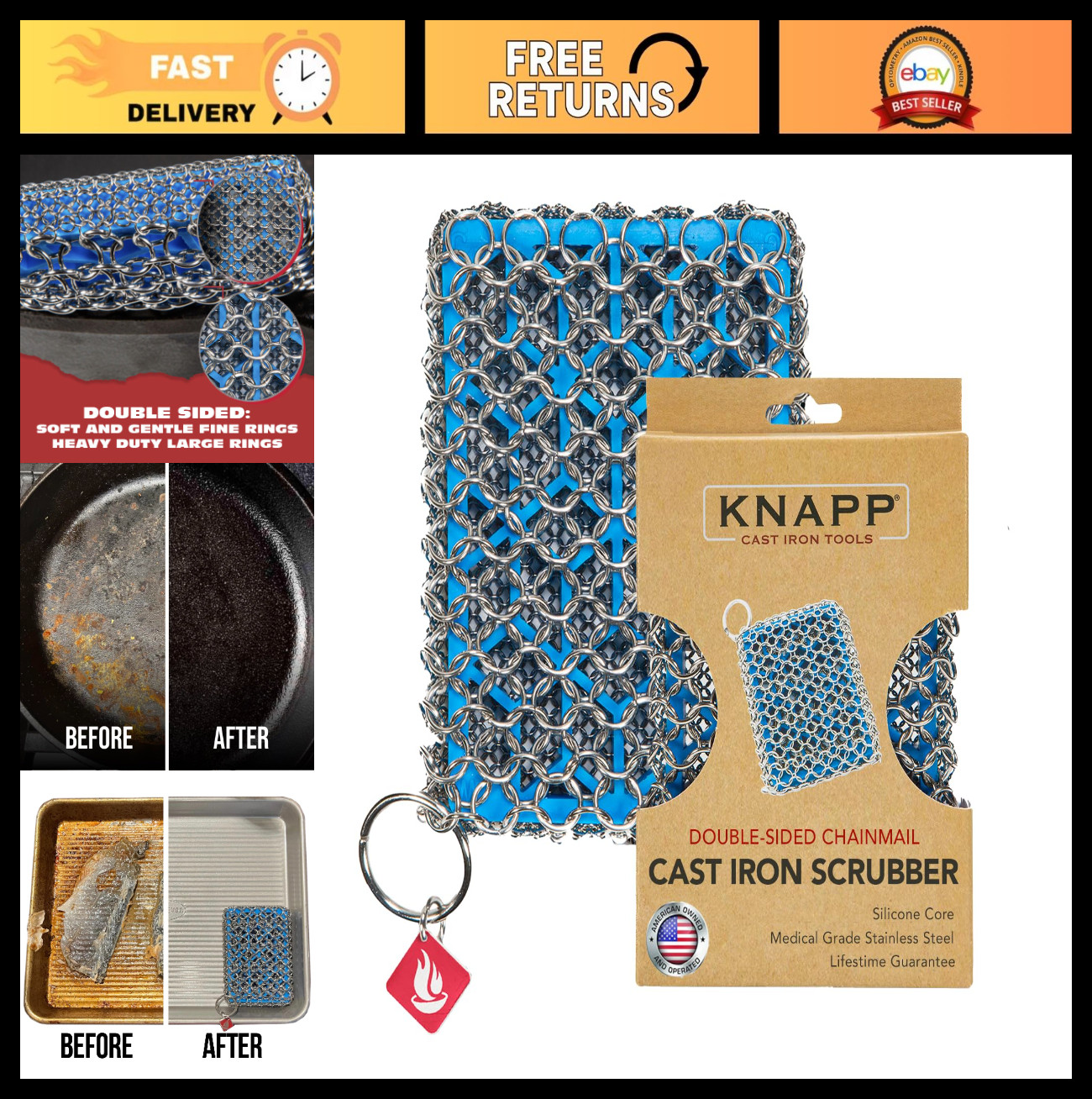 Premium Cast Iron Cleaner 2-in-1 Chainmail Scrubber & Silicone Core – Heavy Duty