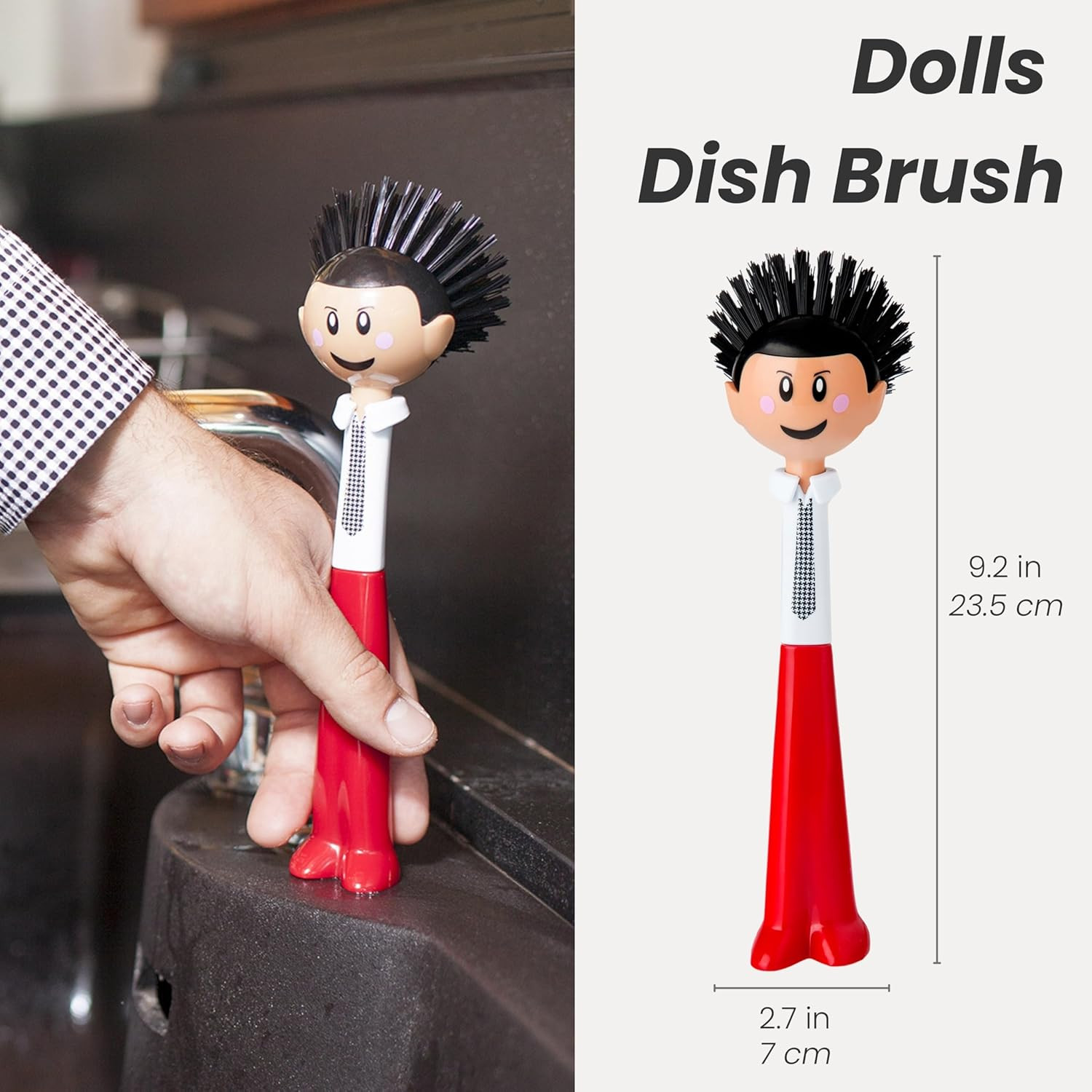 Ergonomic Kitchen Dish Brush with Handle and Stand, Red & Black Scrub Brush