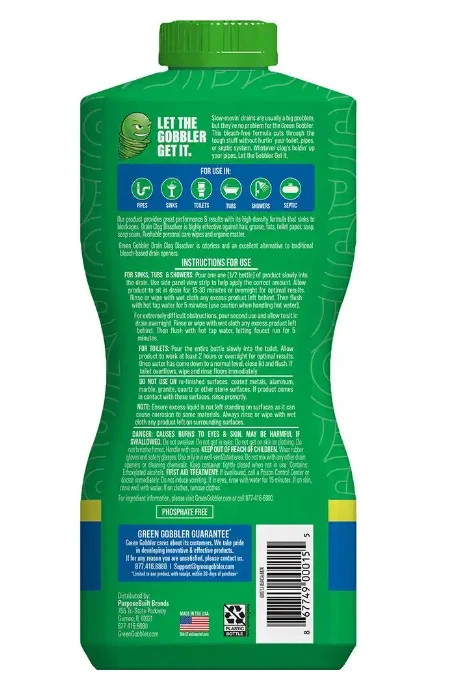 Green Gobbler Drain Clog Dissolver,Drain Opener-Cleaner,Toilet Clog Remover,31oz