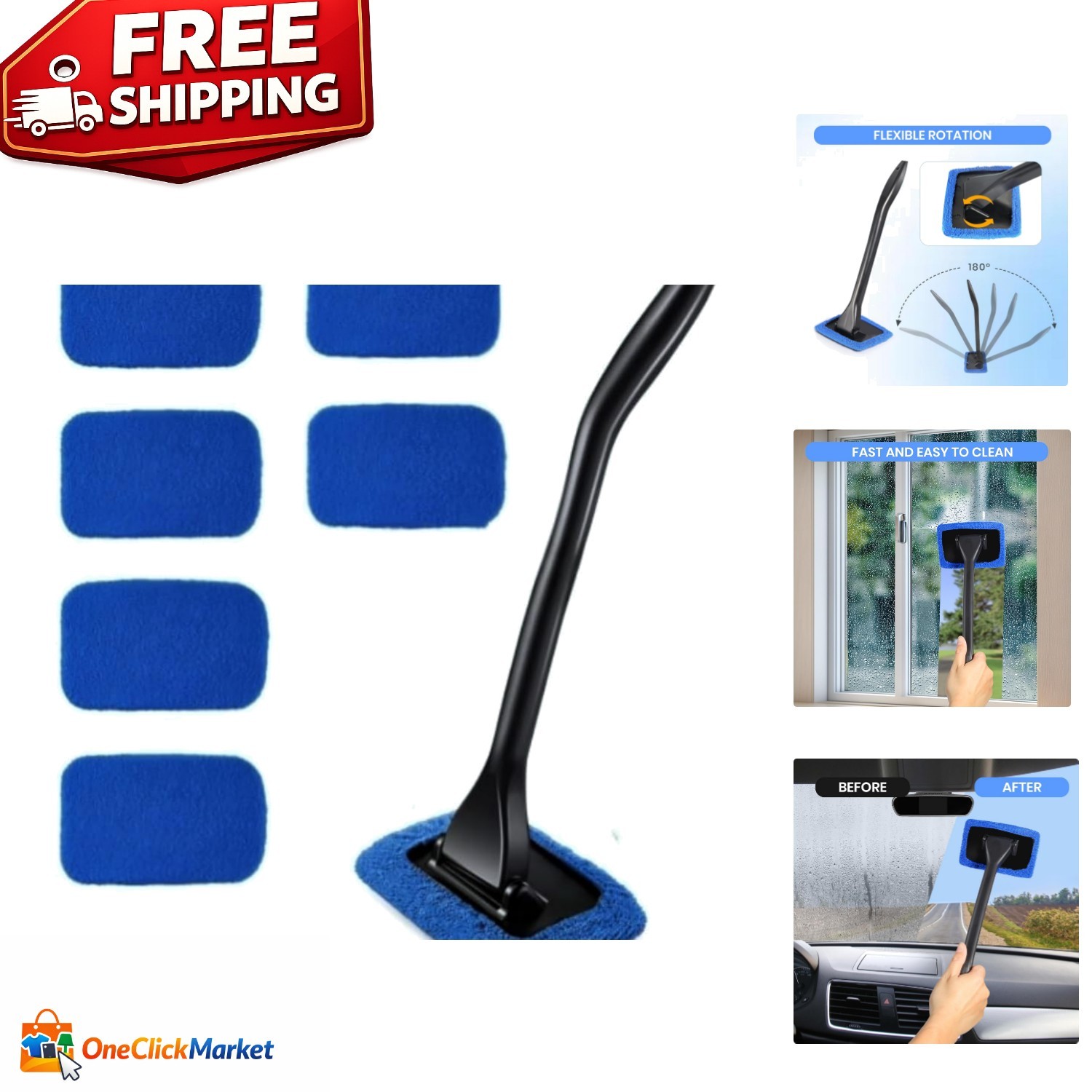 Complete Car Care: 6PCS Window Cleaner Set with 180° Head & 120 ml Spray Bottle