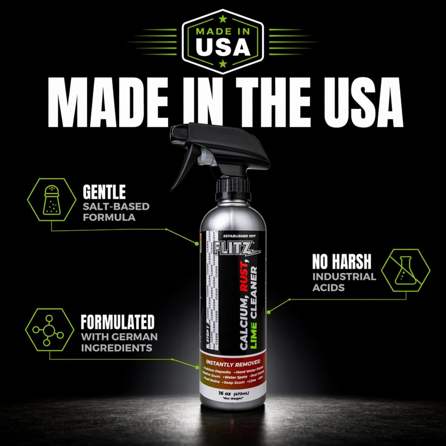 FLITZ Instant Calcium Lime and Rust Remover 16oz/473ml CR 01606 (SEE VIDEO)