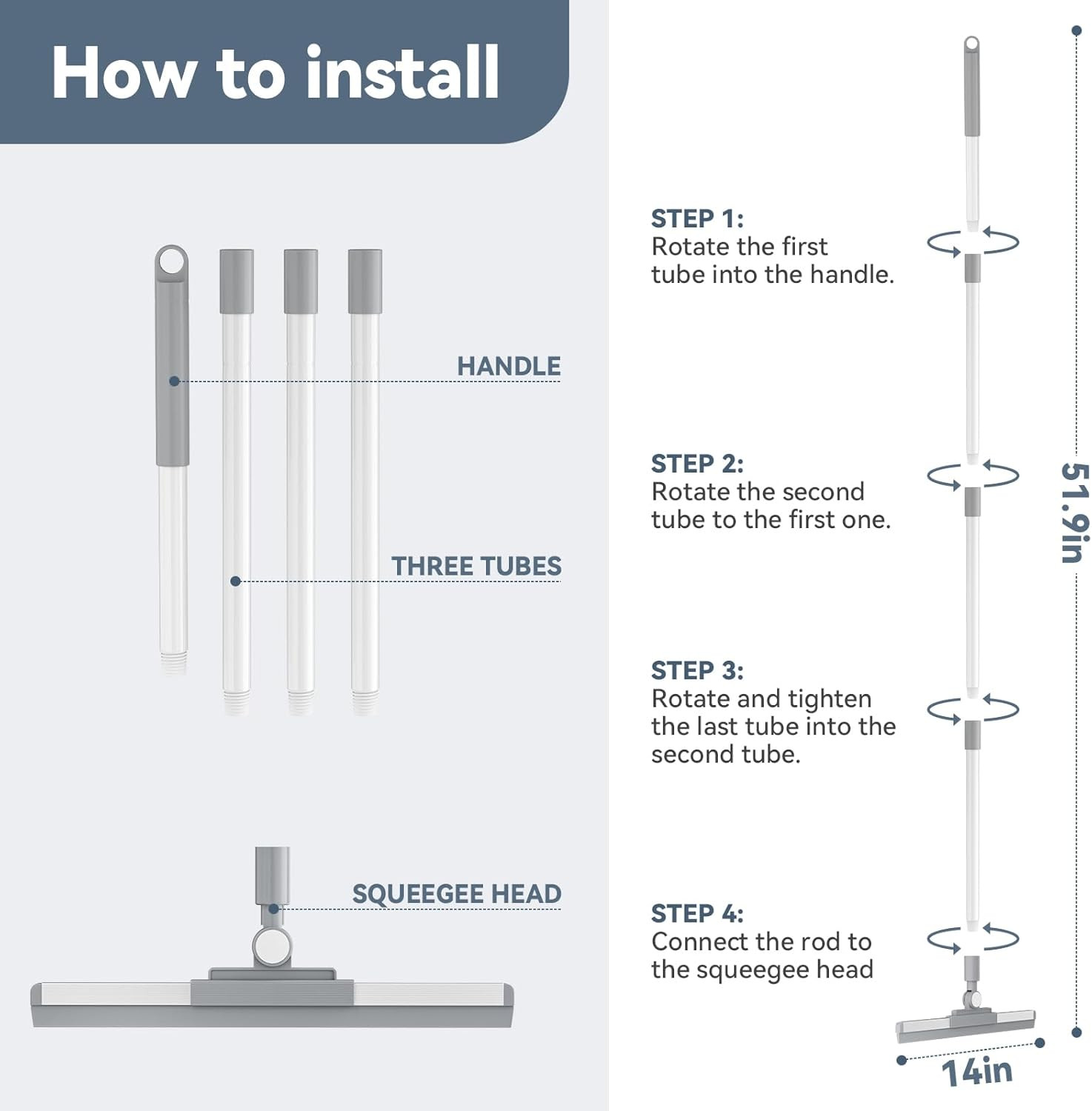 Floor Squeegee with 180° Rotating Head, Squeegee for Floor with 52” Long Handle