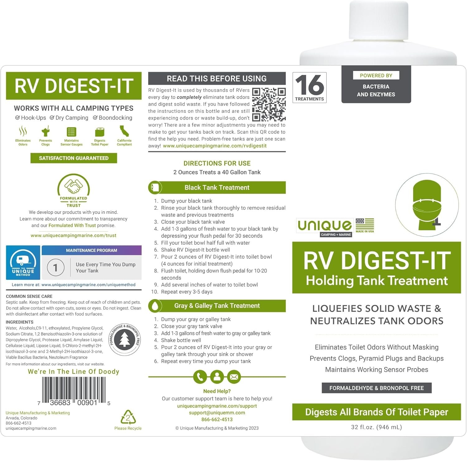 Unique RV Digest-It Holding Tank Treatment – Liquid 16 Treatments, 32 Oz.