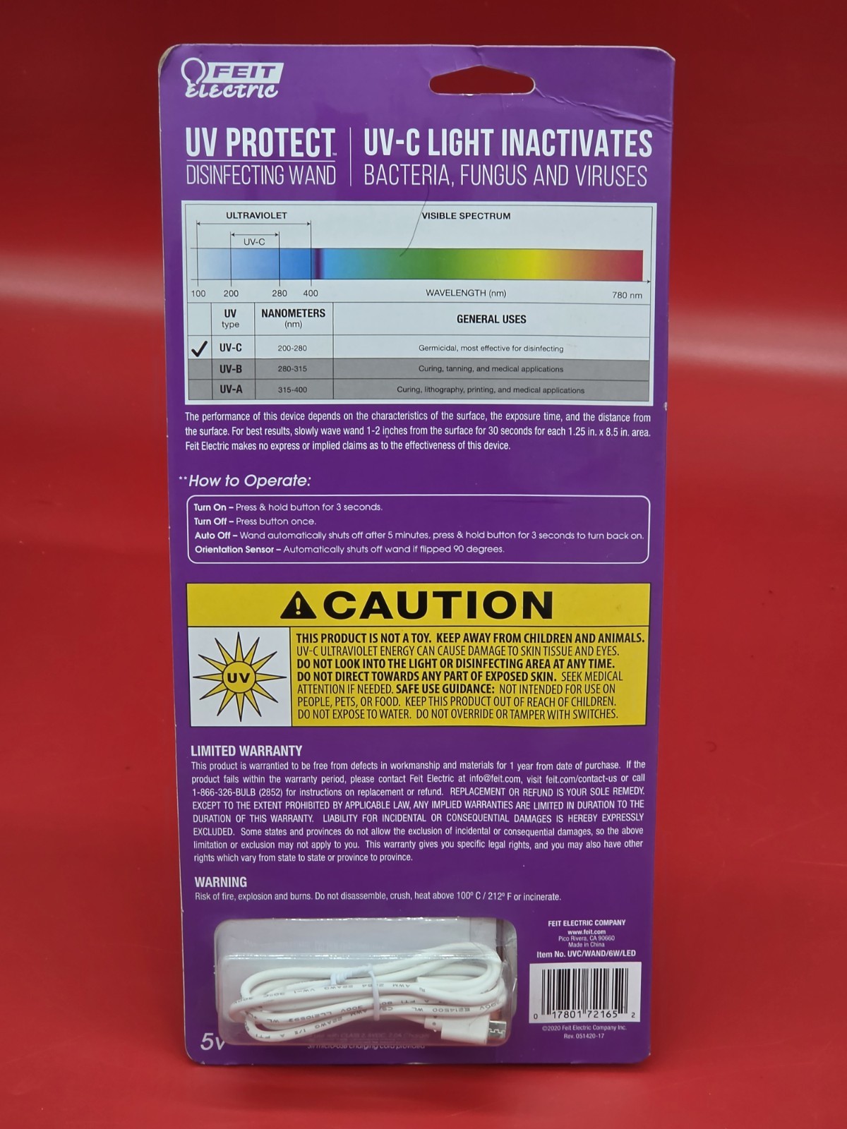 New Feit Electric 6-Watt Portable Disinfecting Sanitizing Wand Rechargeable USB