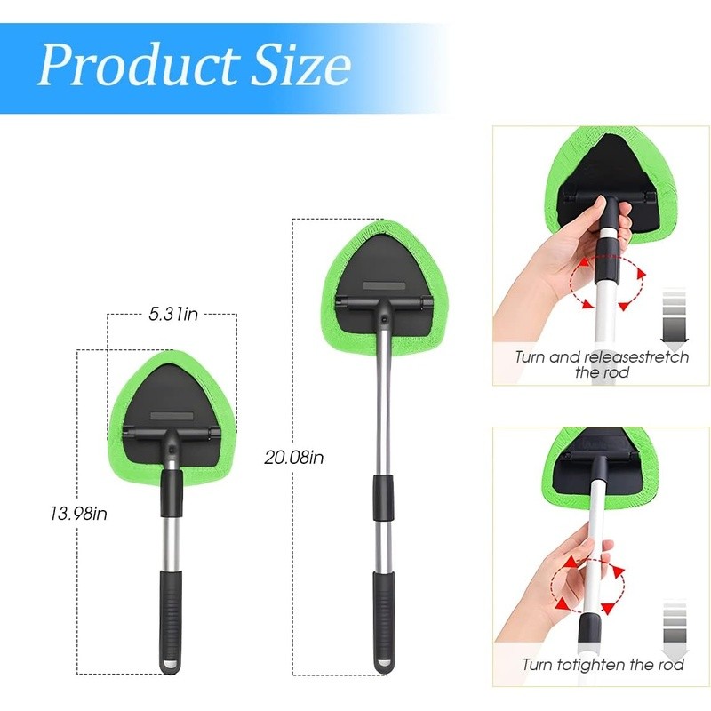 Extendable Windshield Cleaner 180 Degree Rotation Microfiber Cloth Reusable Tool