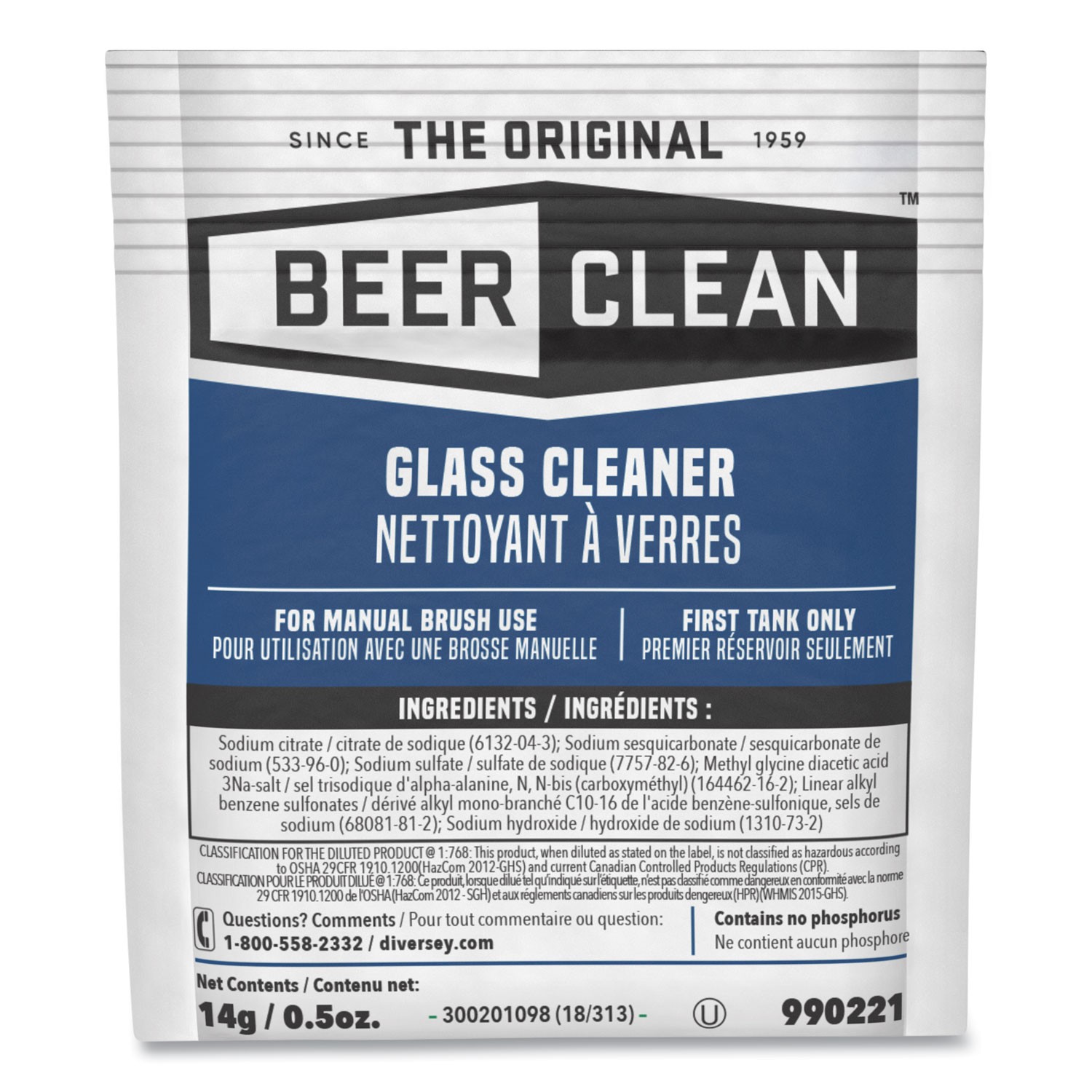 Diversey Beer Clean Glass Cleaner, Powder, .5oz Packet, 100/Carton