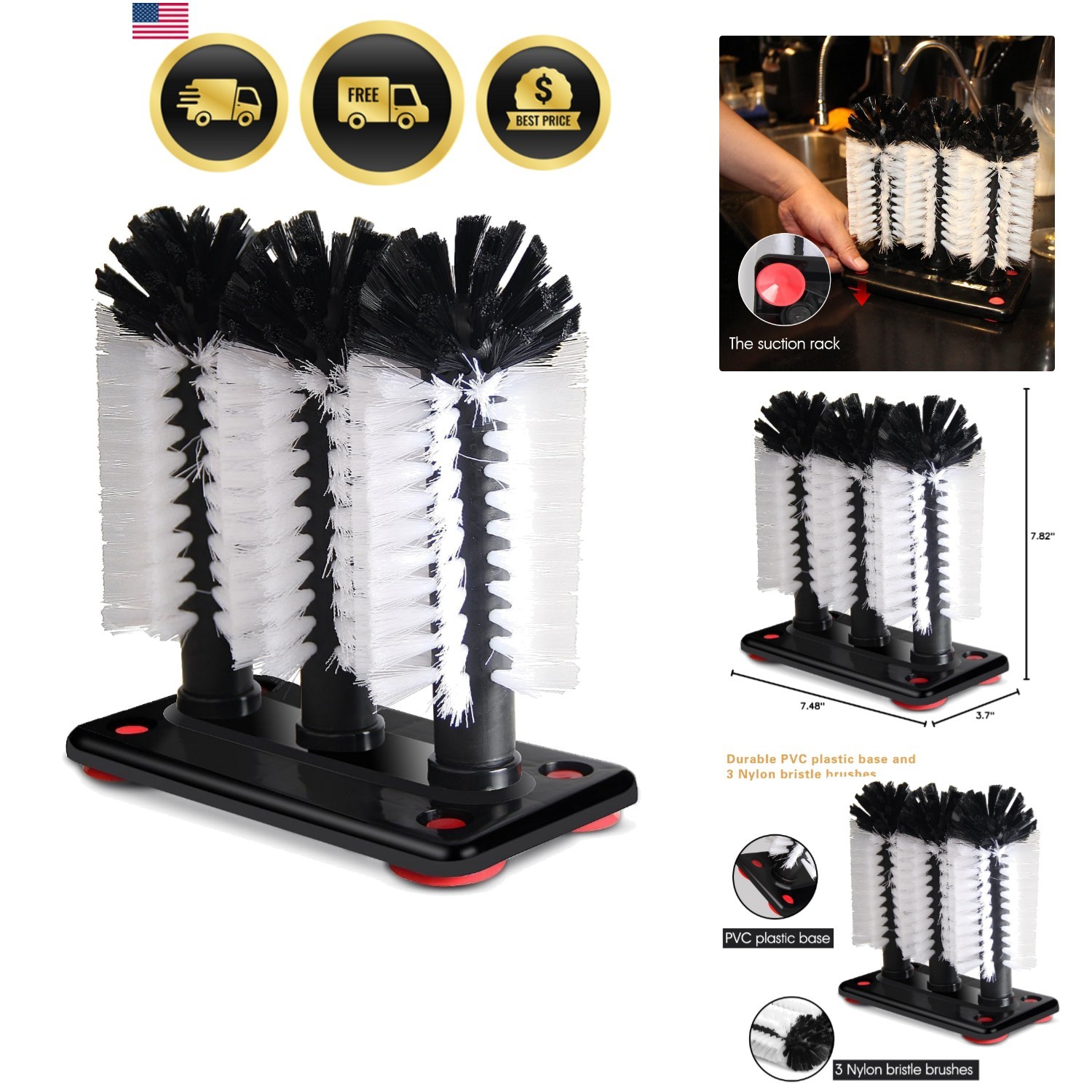 Glass Washer Brush Cleaner – 3 Brushes per Base