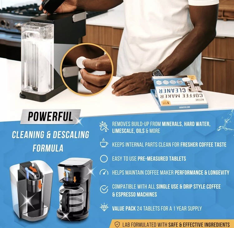 NEW & Sealed Active Coffee Maker Cleaner 24 Tablets 1 Year Supply Pack Descaler