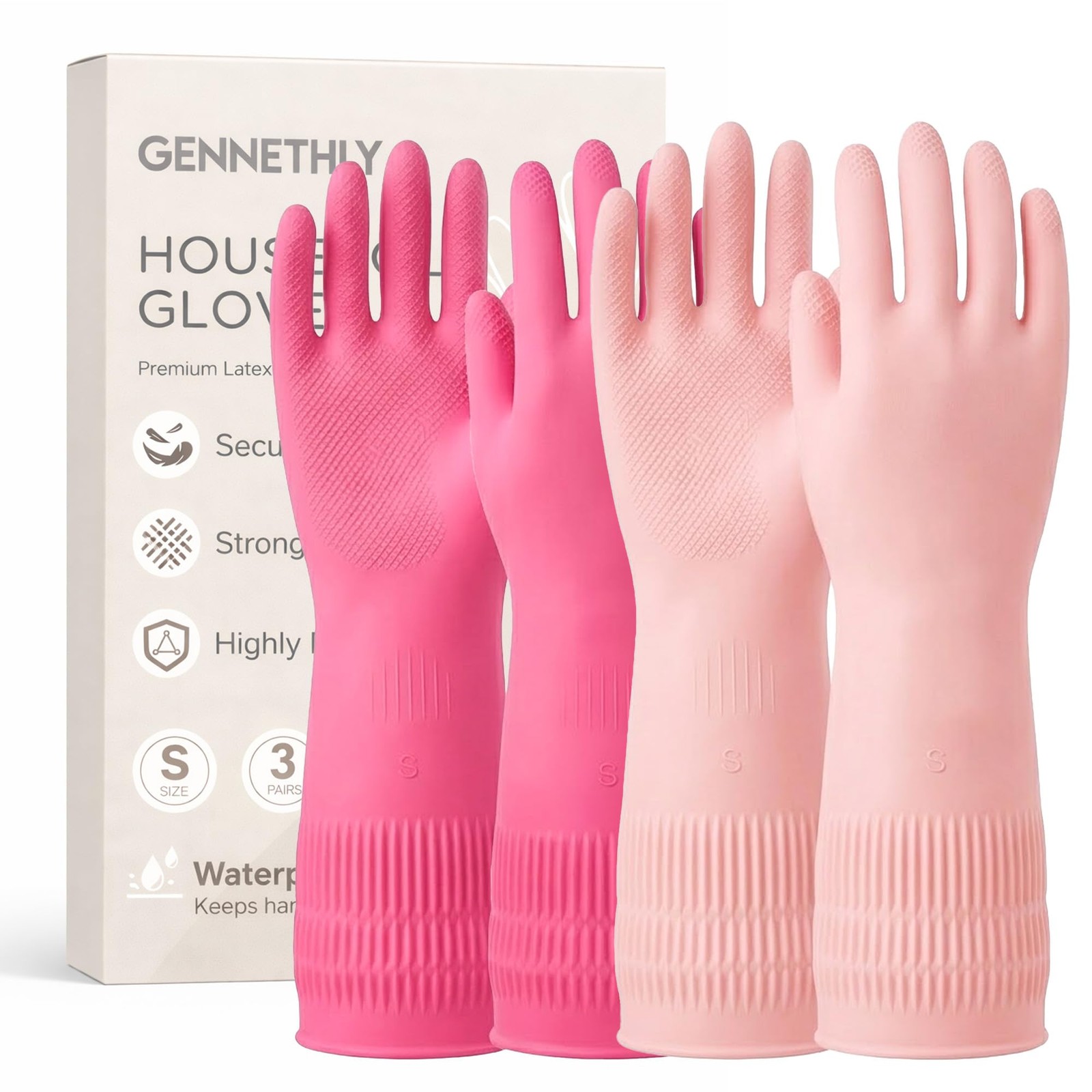 Gennethly Rubber Cleaning Gloves, Waterproof Medium (2 Pairs), Red+pink