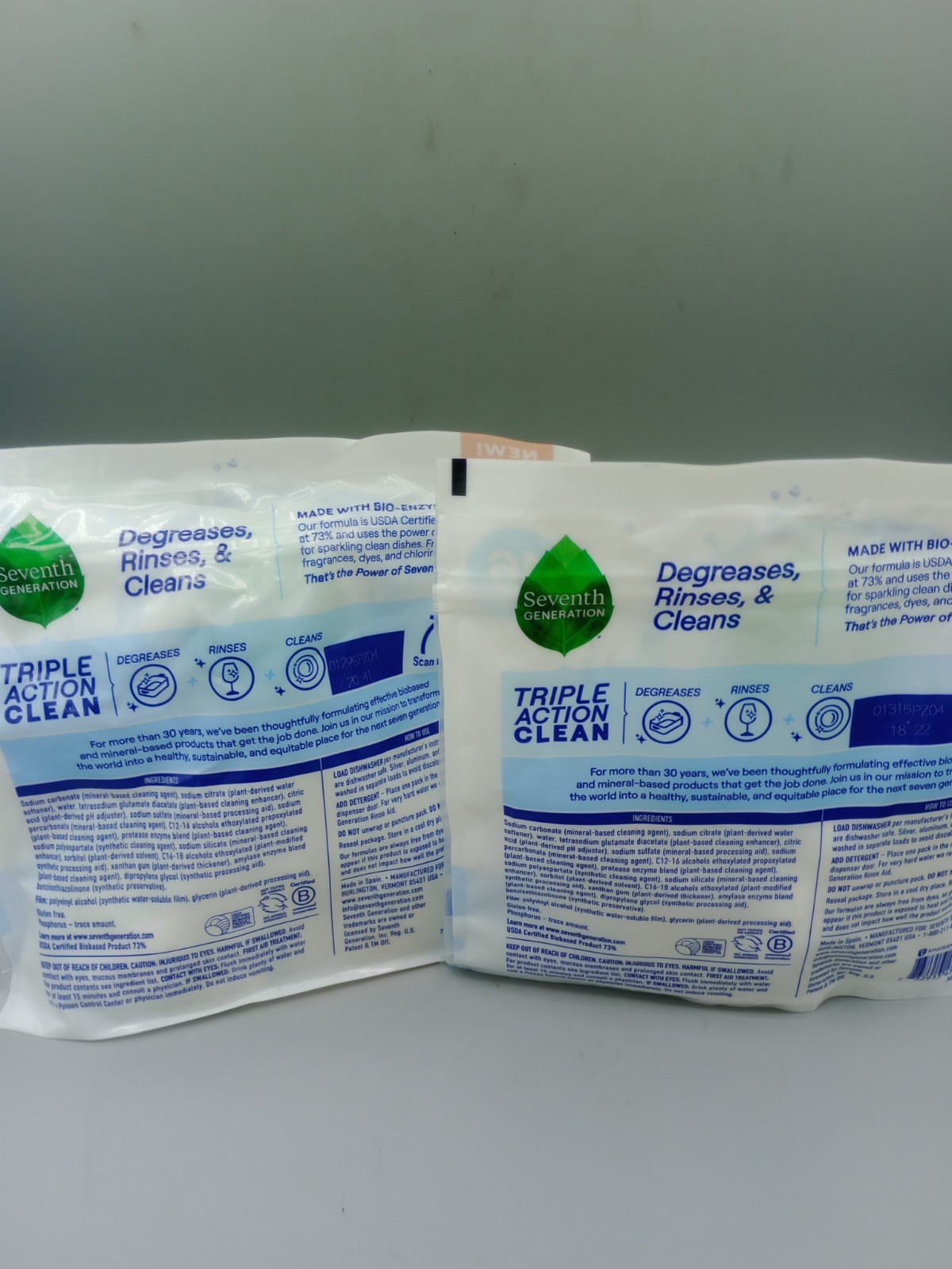 2x Seventh Generation Triple Action Clean Dishwasher Detergent 16 Packets Ea New