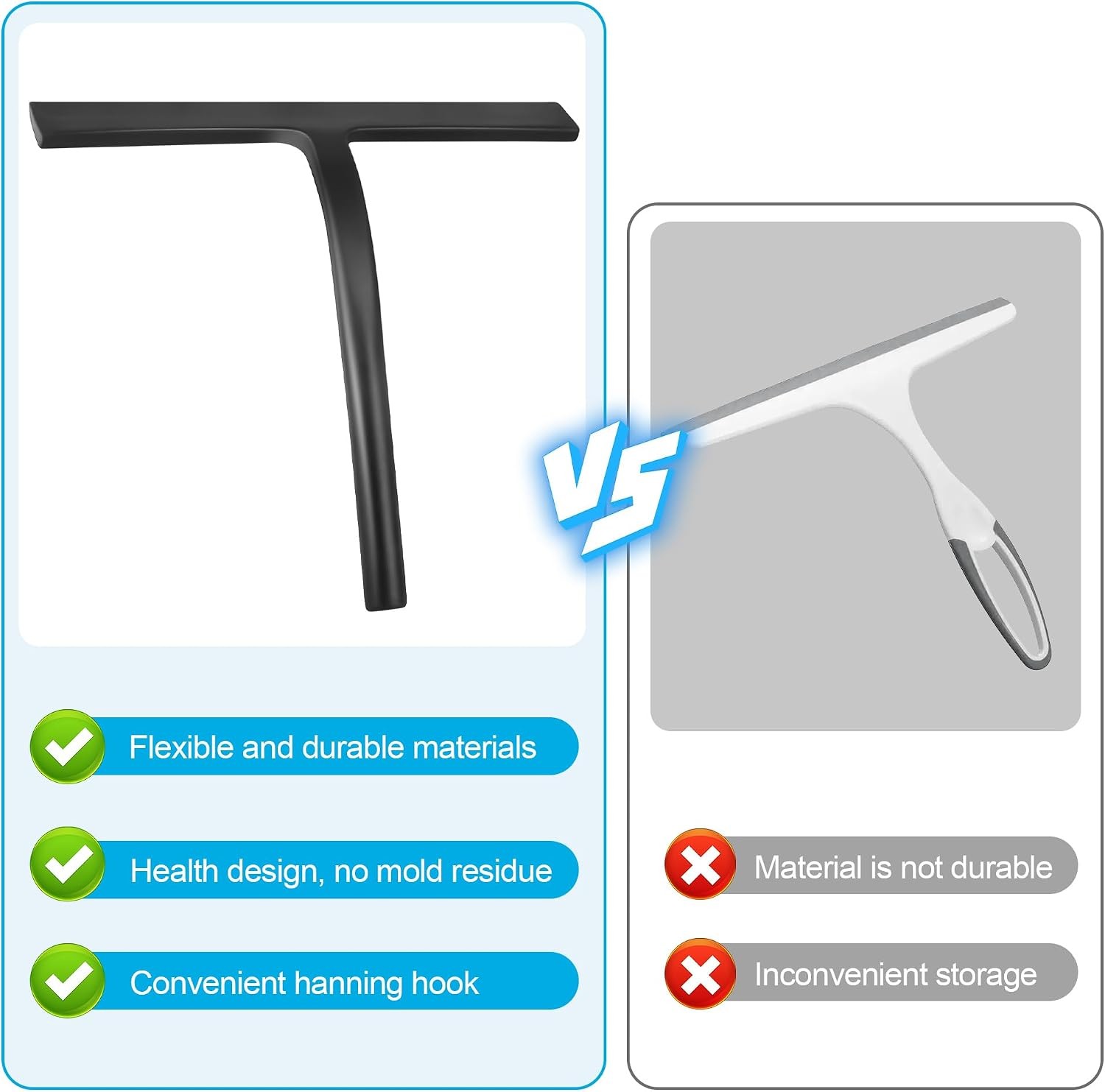 Shower Squeegee for Glass Doors, Mirror Window Tile Scrubber Cleaner with Hook
