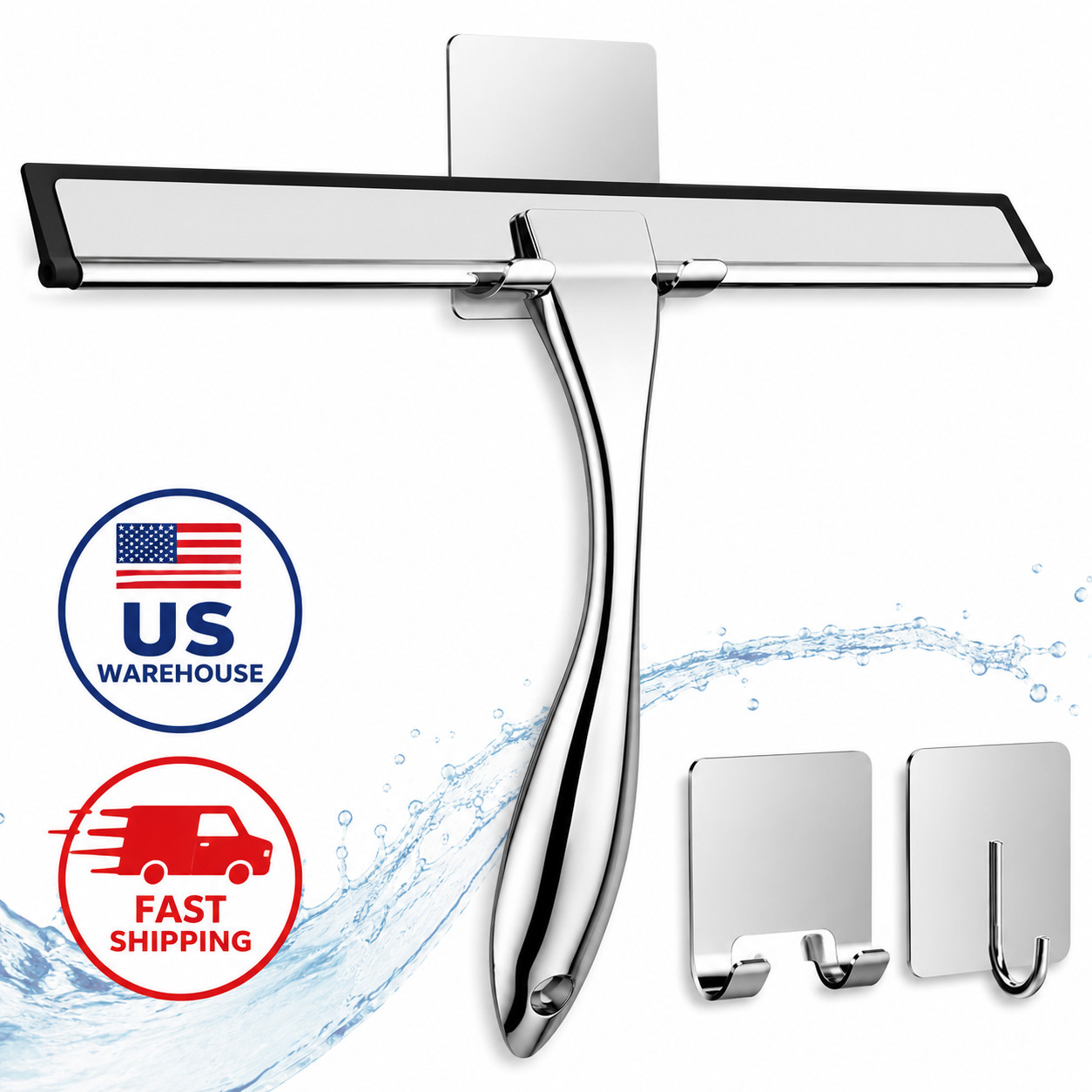 Stainless Steel Shower Squeegee Glass Door Window Mirror Cleaner wiper Hooks US