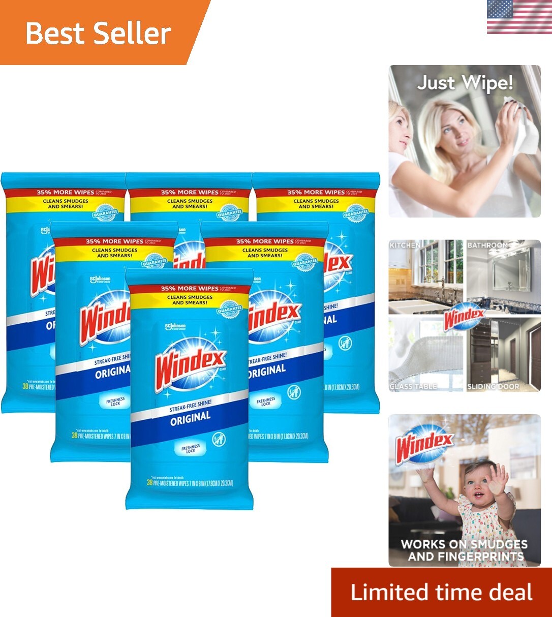 Fresh-Scented Multi-Surface Wipes, 38 Count Pack of 6 – Crystal Rain Aroma