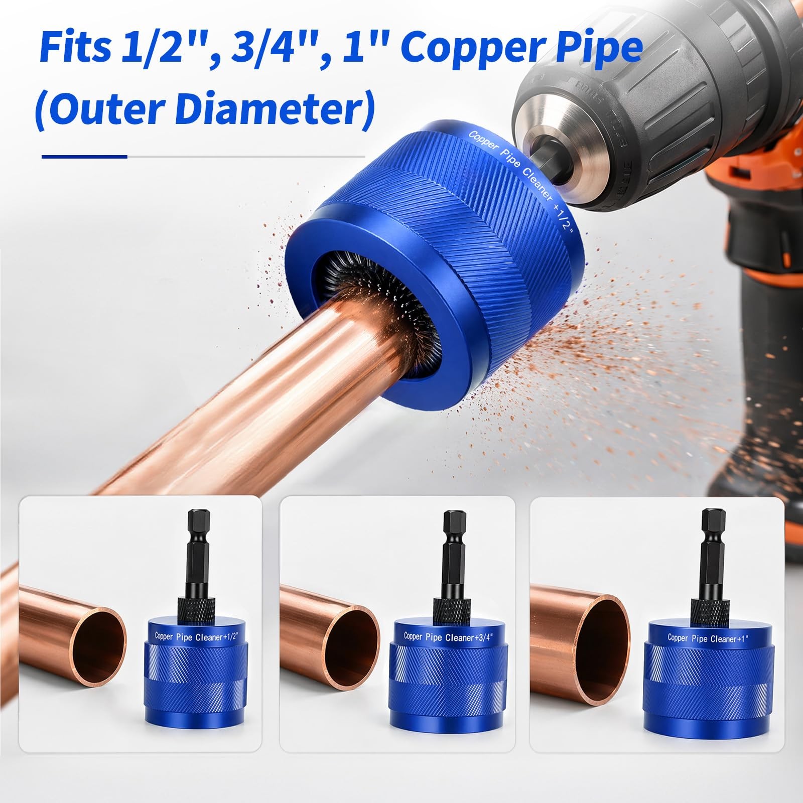 1/2″, 3/4″ & 1″ Copper Pipe Cleaner for Drill, with 1/4″ Hex Shank & 6 Brush …