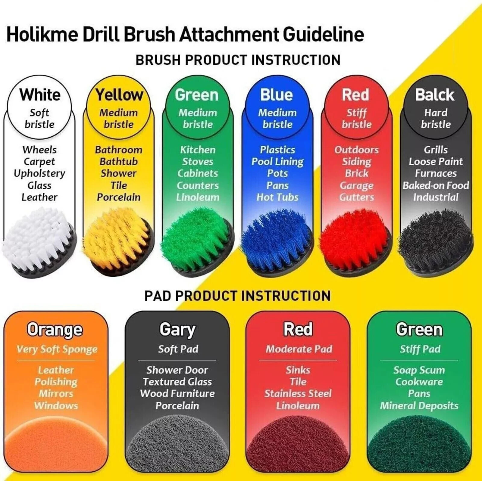 Drill Brush Set 4 Piece (Yellow) with 6″ Extension – Fast Free Shipping