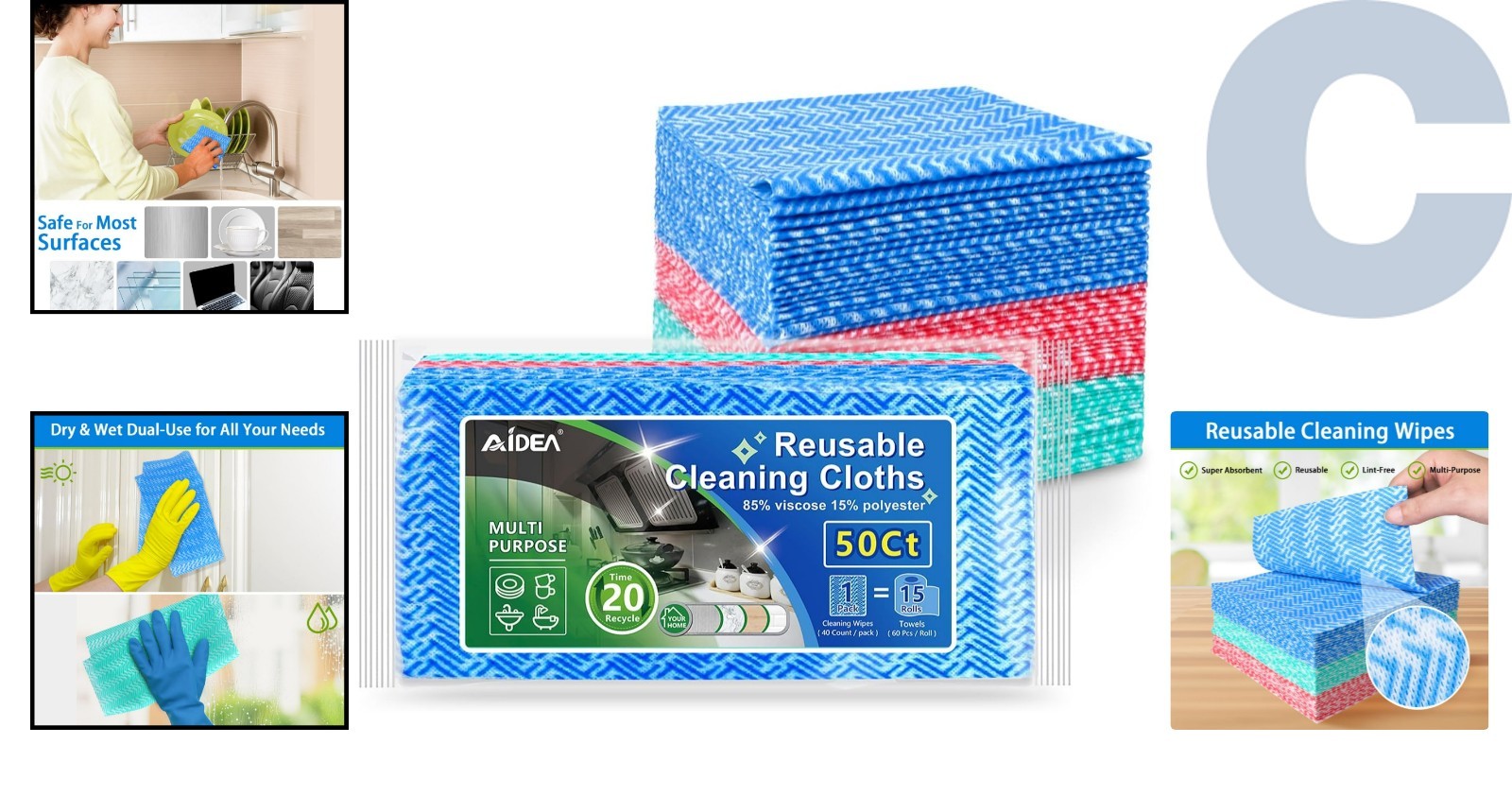 Versatile 12×12 Multi-Purpose Cleaning Wipes, 50pk Lint-Free for Home & Kitchen