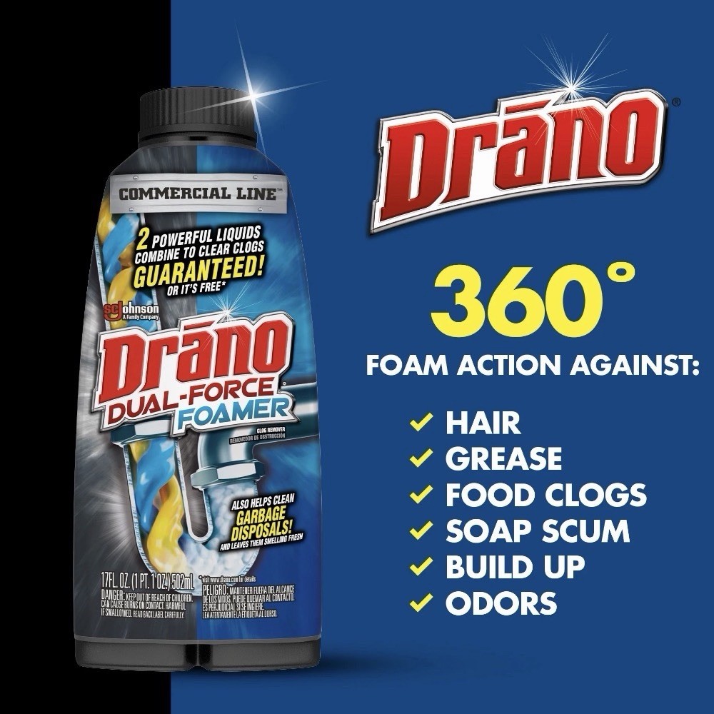 Drano Dual-Force Foamer, Hair and Drain Clog Remover Commercial Line 17fl Oz