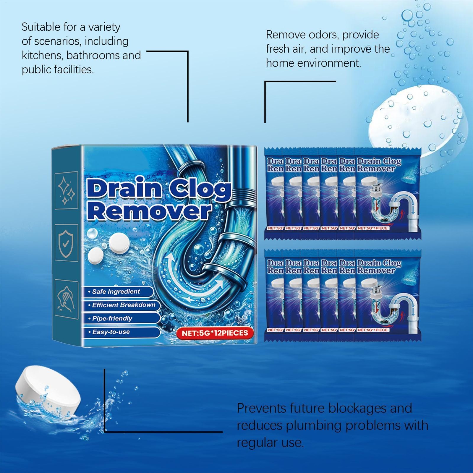 Sink Cleaner Tablets Effervescent Drain Clogs Remover Tablets Toilet Cleaning