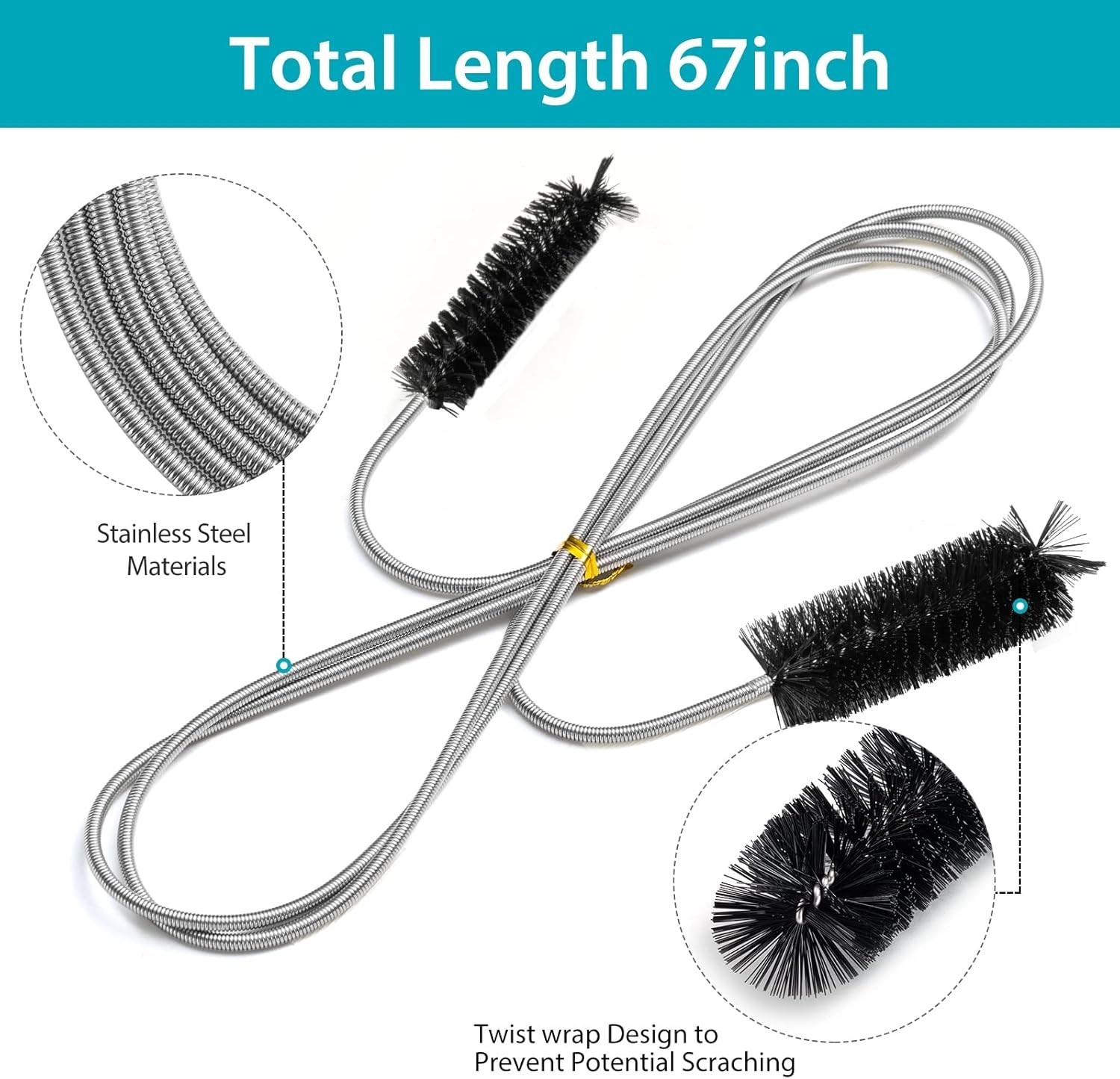 67-Inch Flexible Drain Brush for Cleaning Narrow Pipes – Stainless Steel Handle