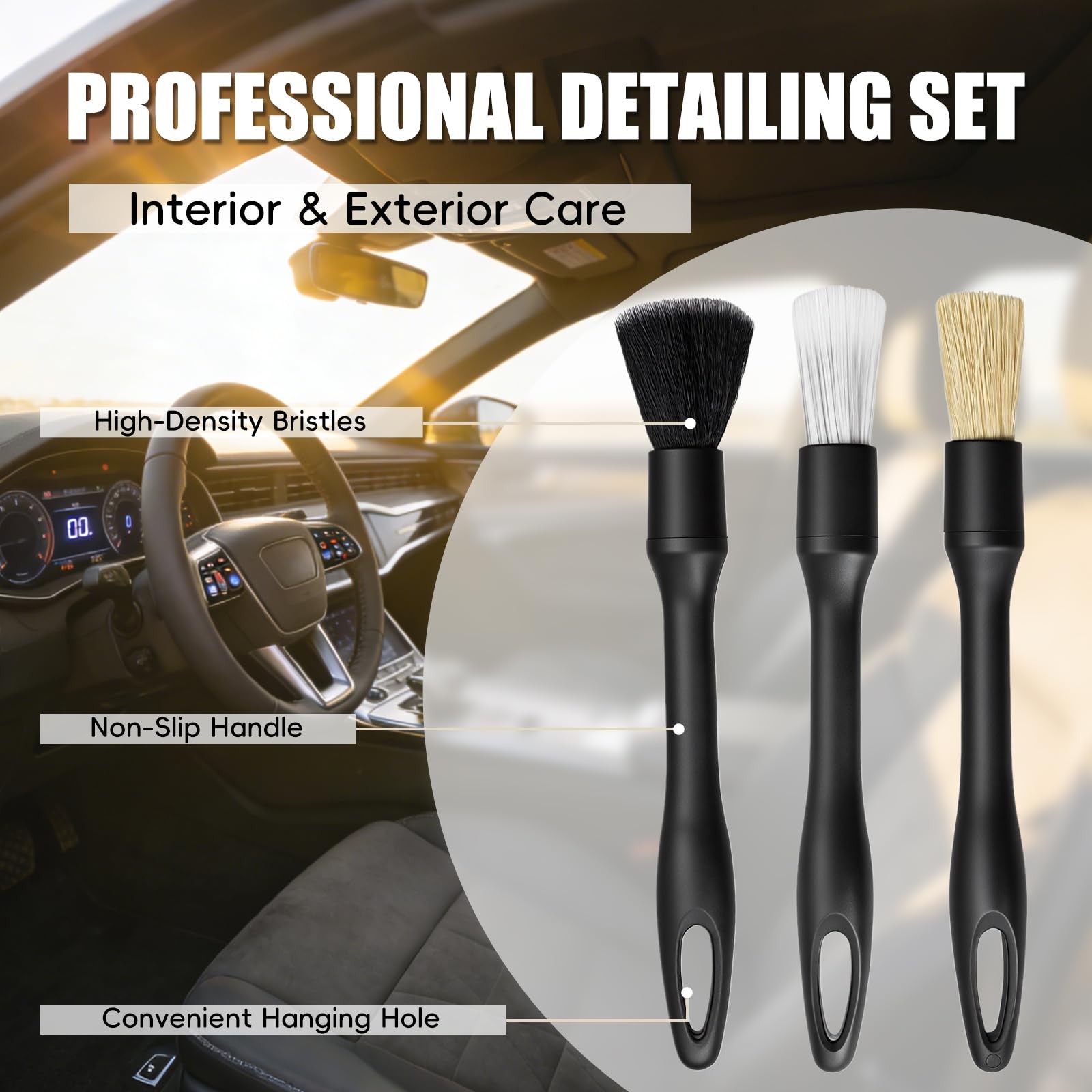 7PCS Car Detailing Brush Set Ultra Soft Boar Hair for Interior Cleaning